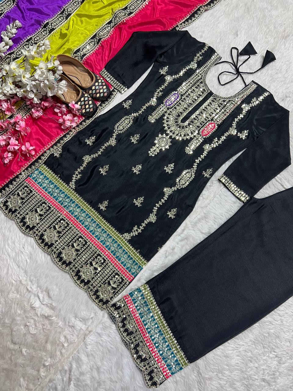 Pattern Wedding & Party Wear Embroidery Sequence Work Black Color Sharara Suit