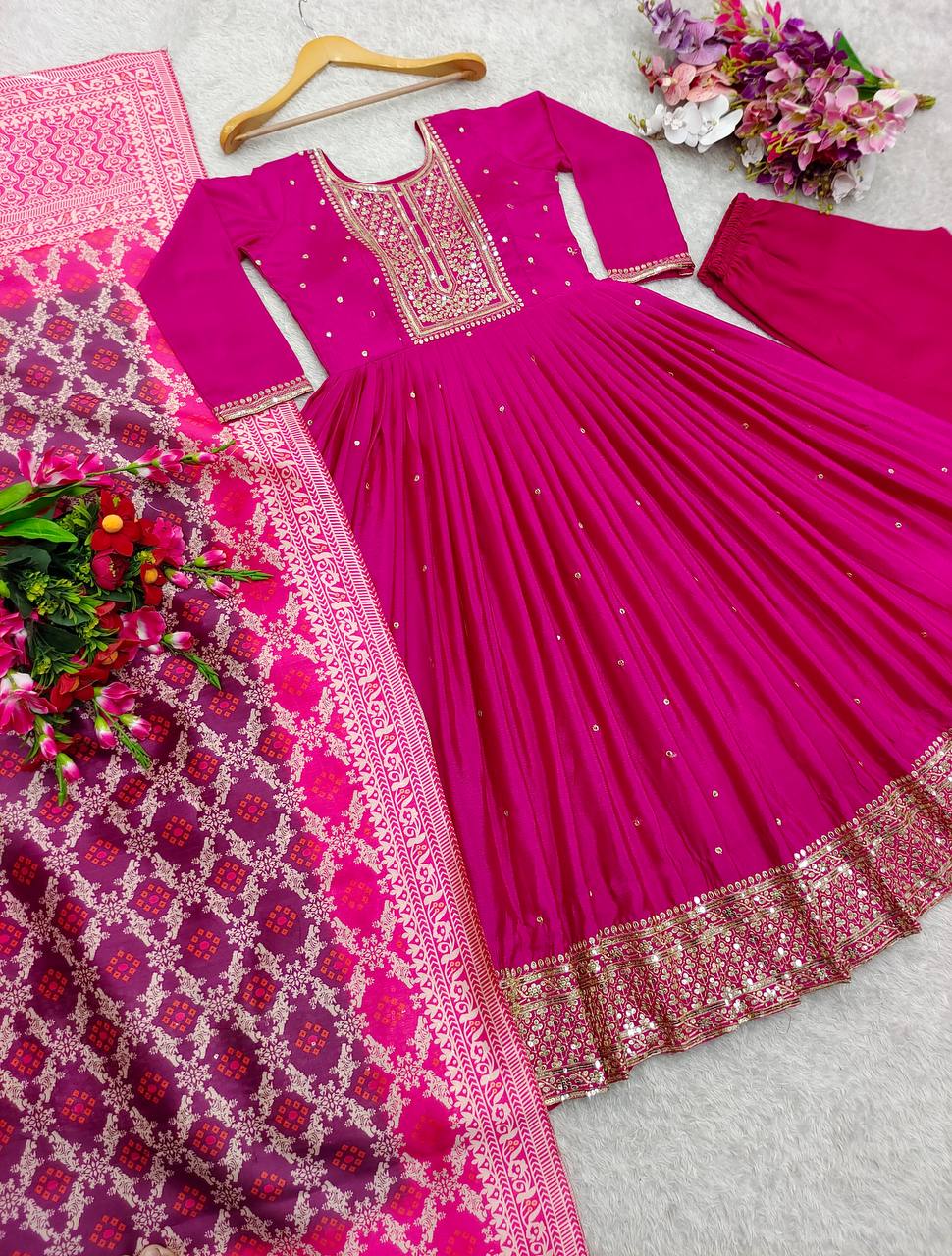 Delightful Embroidery 5mm Sequence Work Pink Color Gown With Dupatta