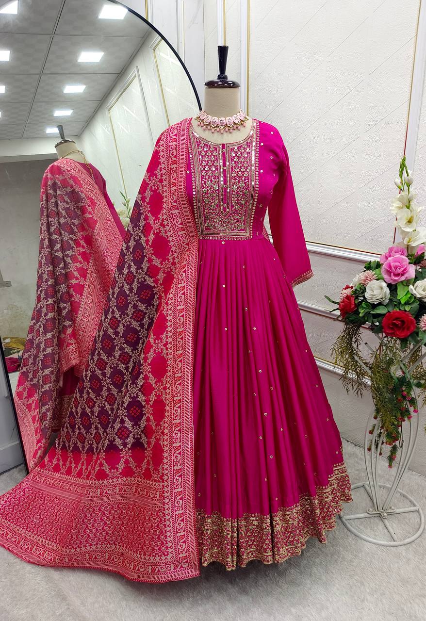 Delightful Embroidery 5mm Sequence Work Pink Color Gown With Dupatta