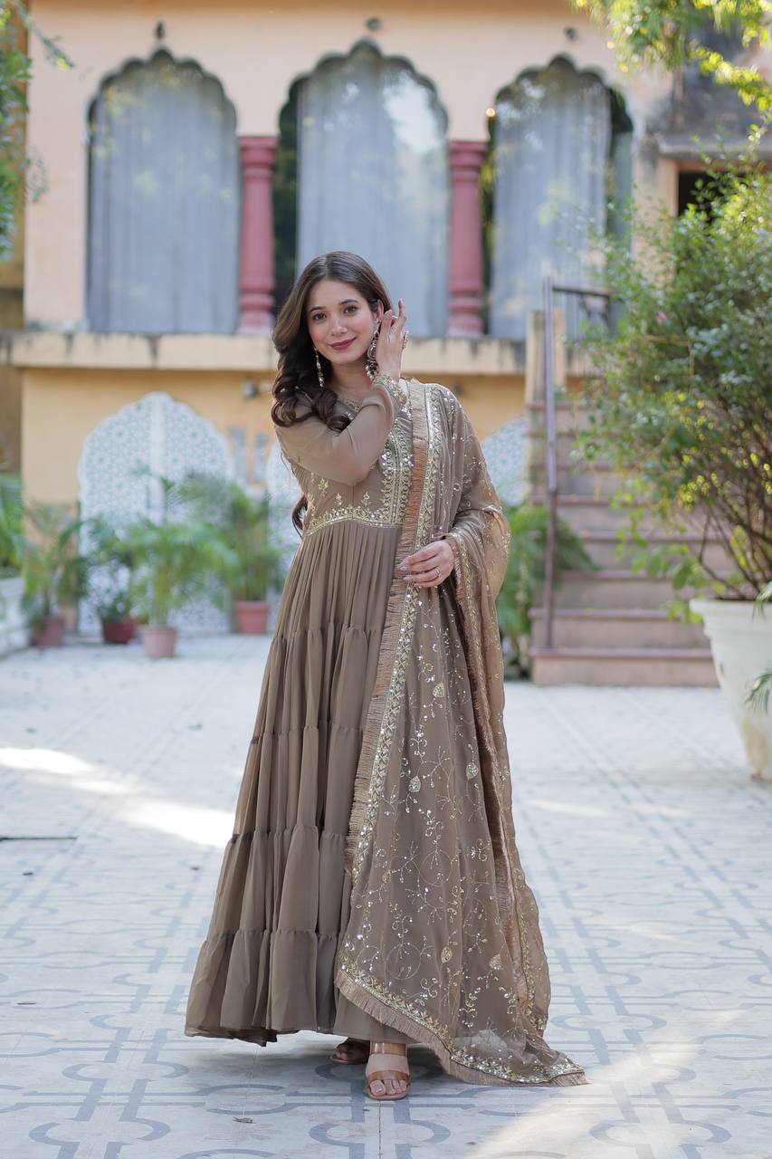 Fantastic Georgette Brown Color Lace Work Gown