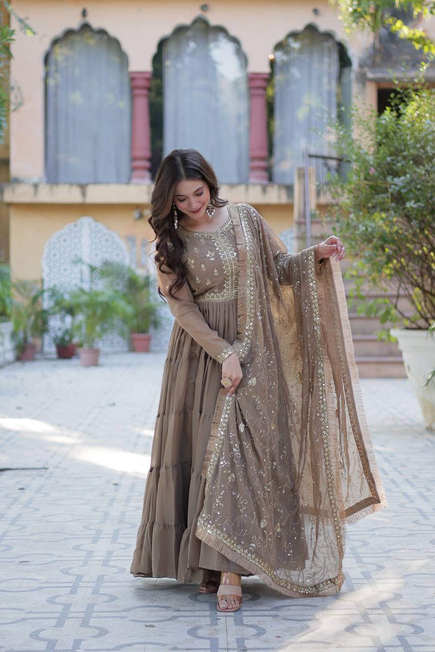 Fantastic Georgette Brown Color Lace Work Gown