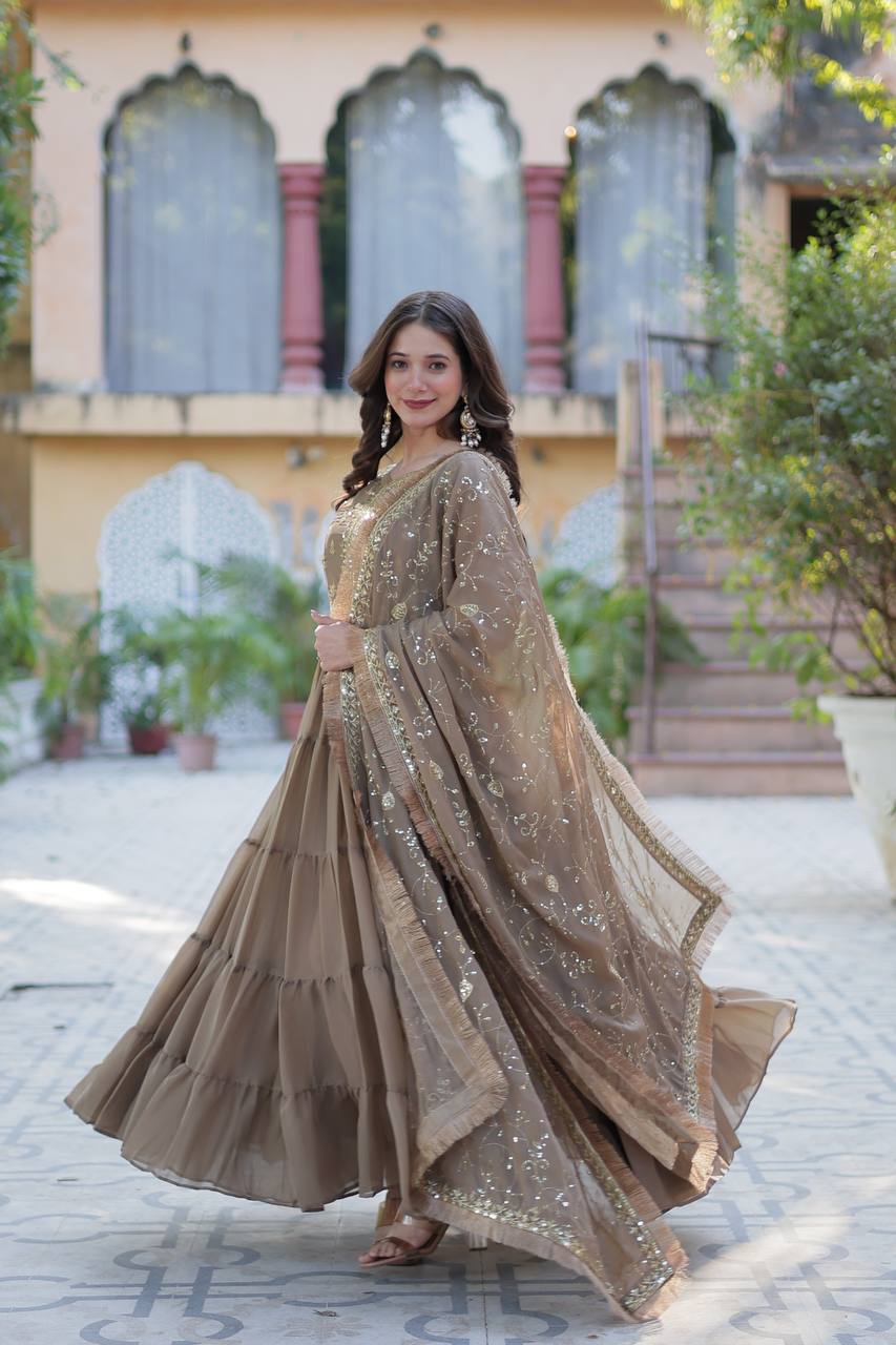 Fantastic Georgette Brown Color Lace Work Gown