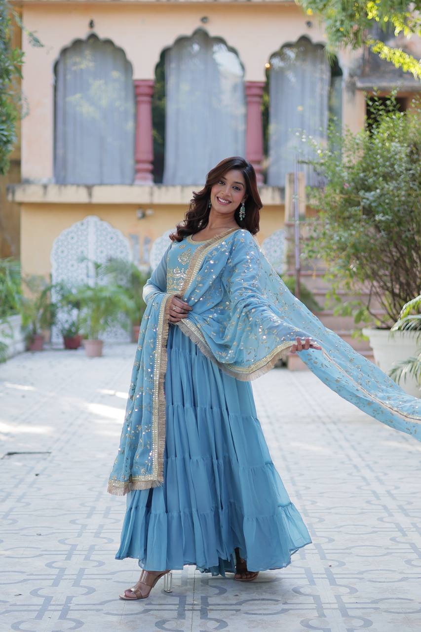 Fantastic Georgette Sky Blue Color Lace Work Gown