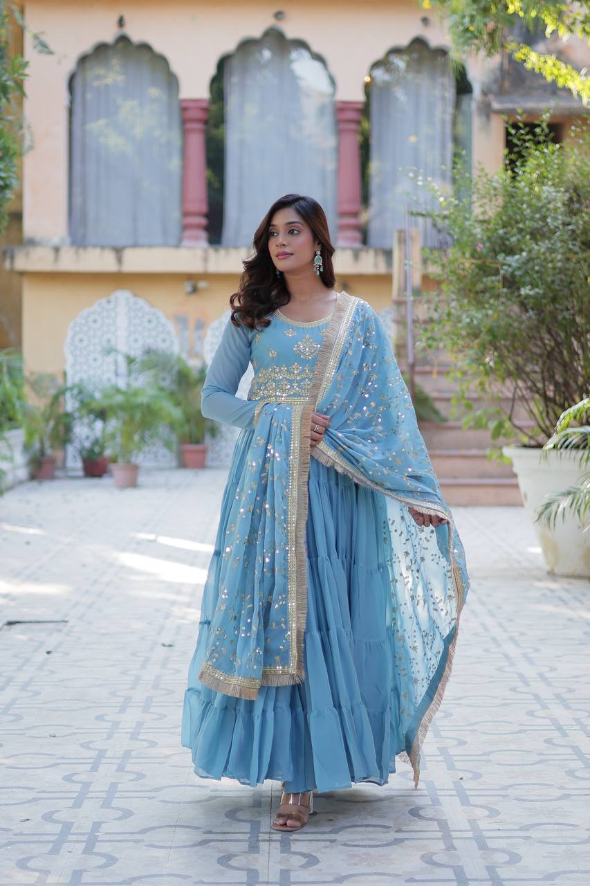 Fantastic Georgette Sky Blue Color Lace Work Gown