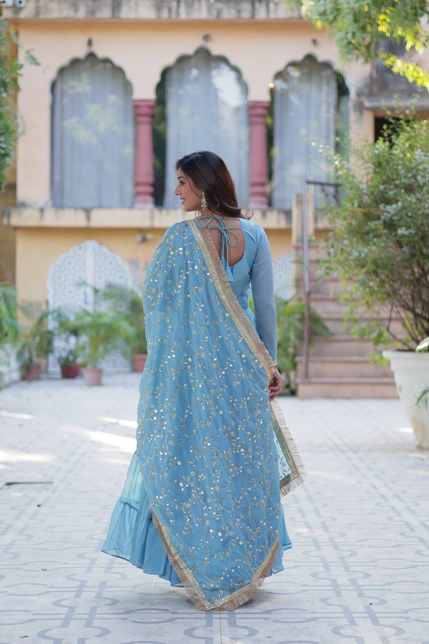 Fantastic Georgette Sky Blue Color Lace Work Gown