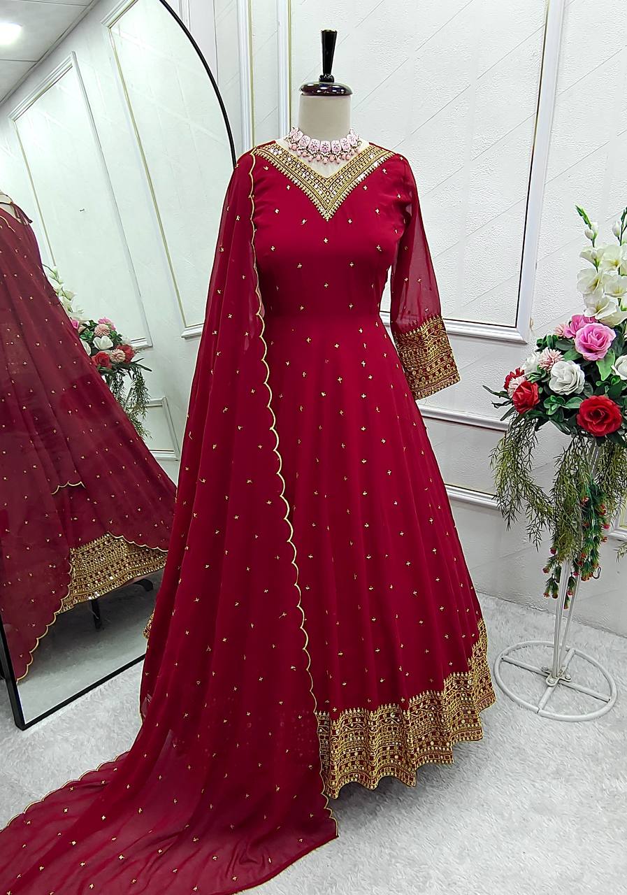 Outstanding Sequence Work Red Color Gown With Dupatta