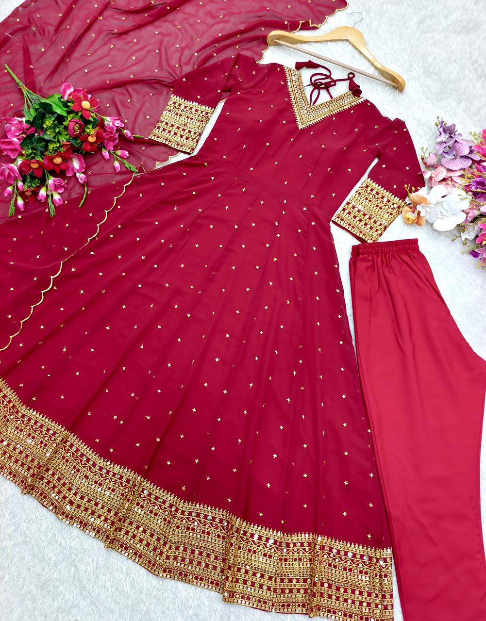Outstanding Sequence Work Red Color Gown With Dupatta