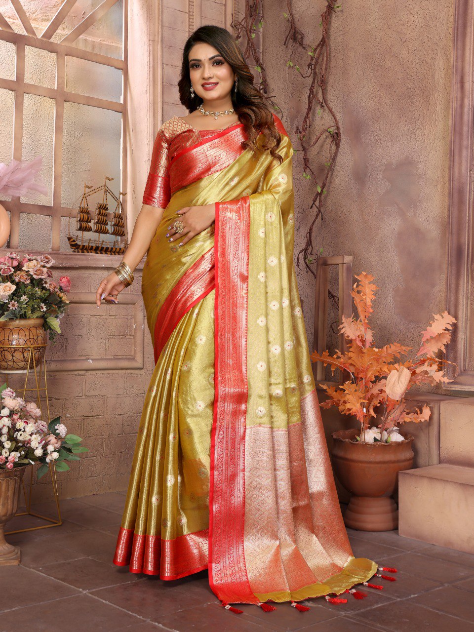 Pattern Wedding & Party Wear Tissue Silk Mustard Color Saree