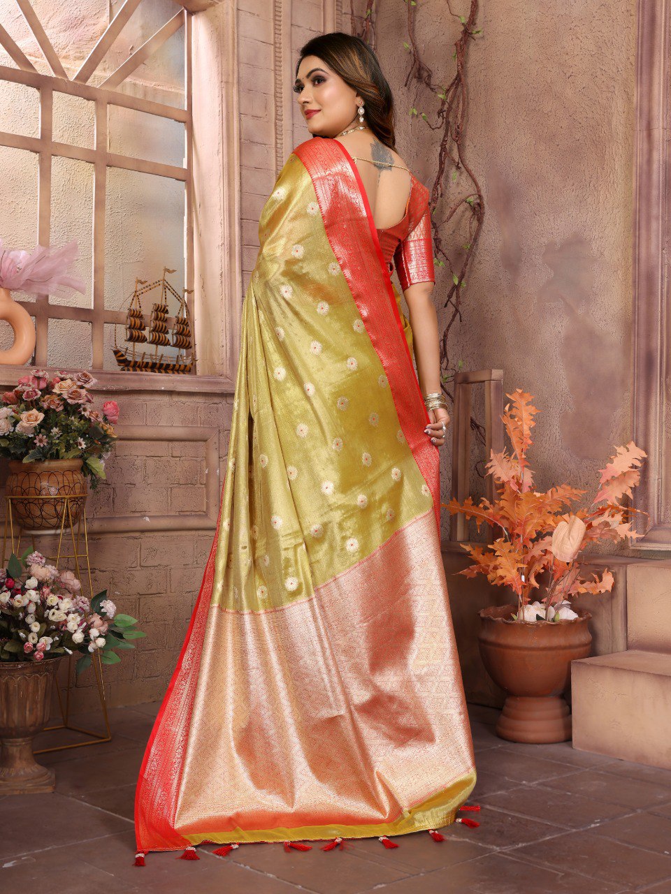 Pattern Wedding & Party Wear Tissue Silk Mustard Color Saree