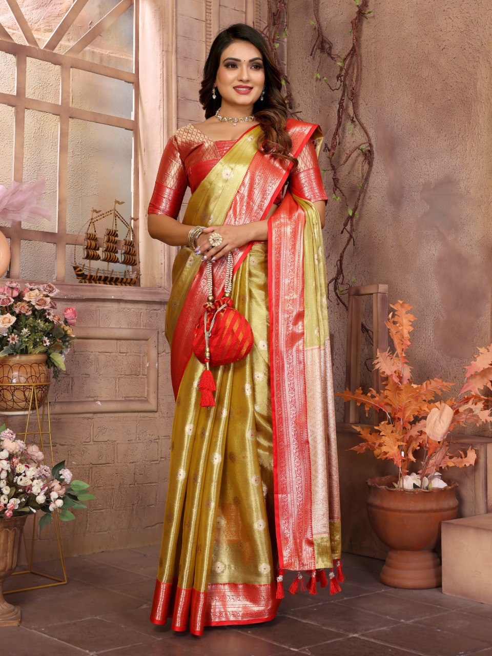 Pattern Wedding & Party Wear Tissue Silk Mustard Color Saree