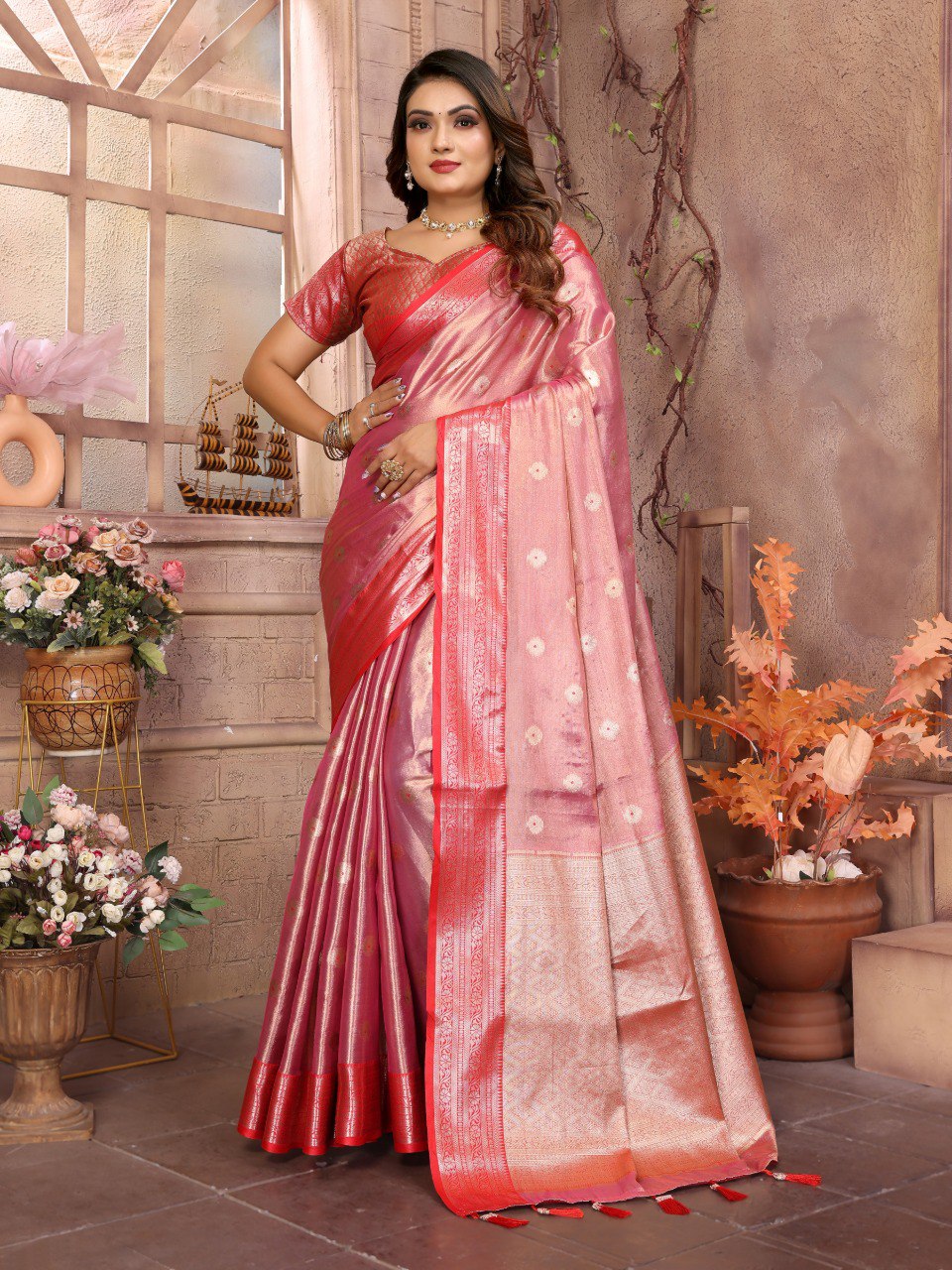 Pattern Wedding & Party Wear Tissue Silk Light Pink Color Saree