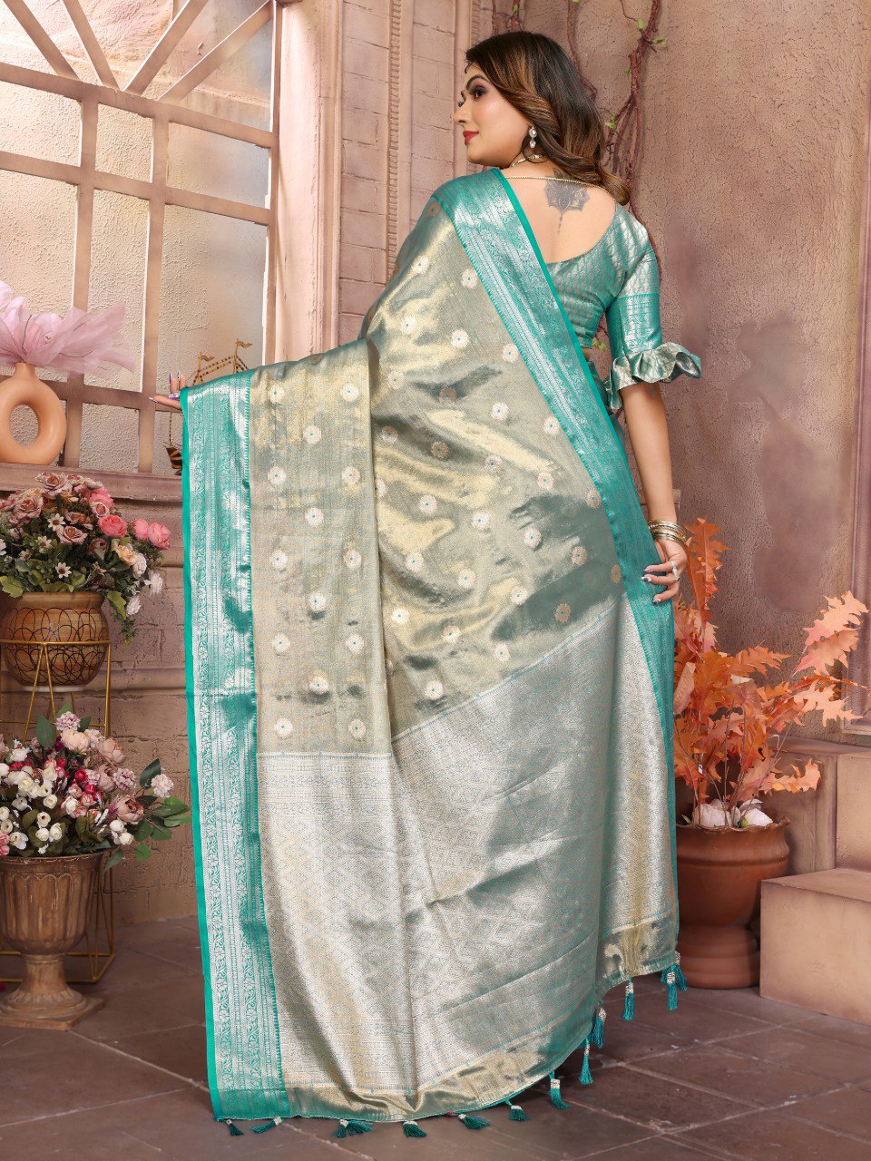 Pattern Wedding & Party Wear Tissue Silk Blue Color Saree