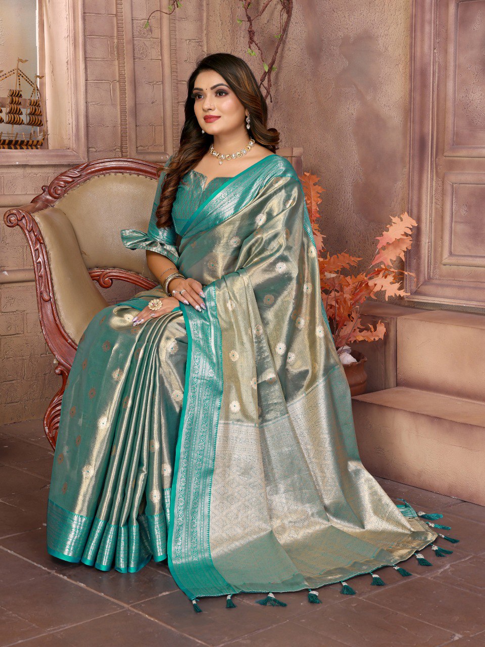 Pattern Wedding & Party Wear Tissue Silk Blue Color Saree