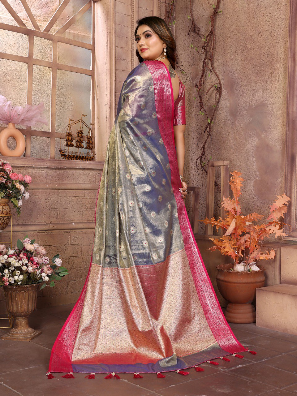 Pattern Wedding & Party Wear Tissue Silk Purple Color Saree