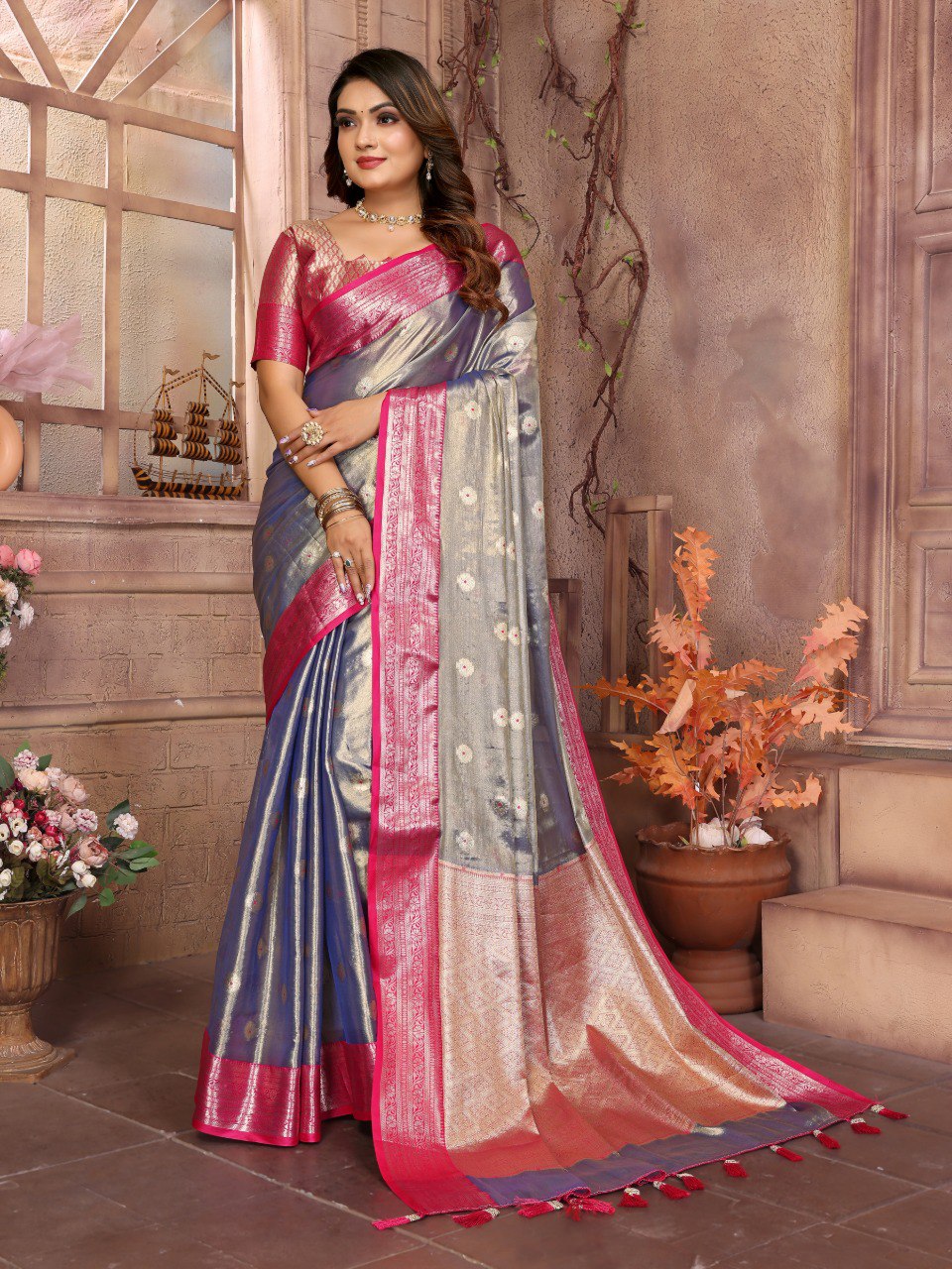 Pattern Wedding & Party Wear Tissue Silk Purple Color Saree