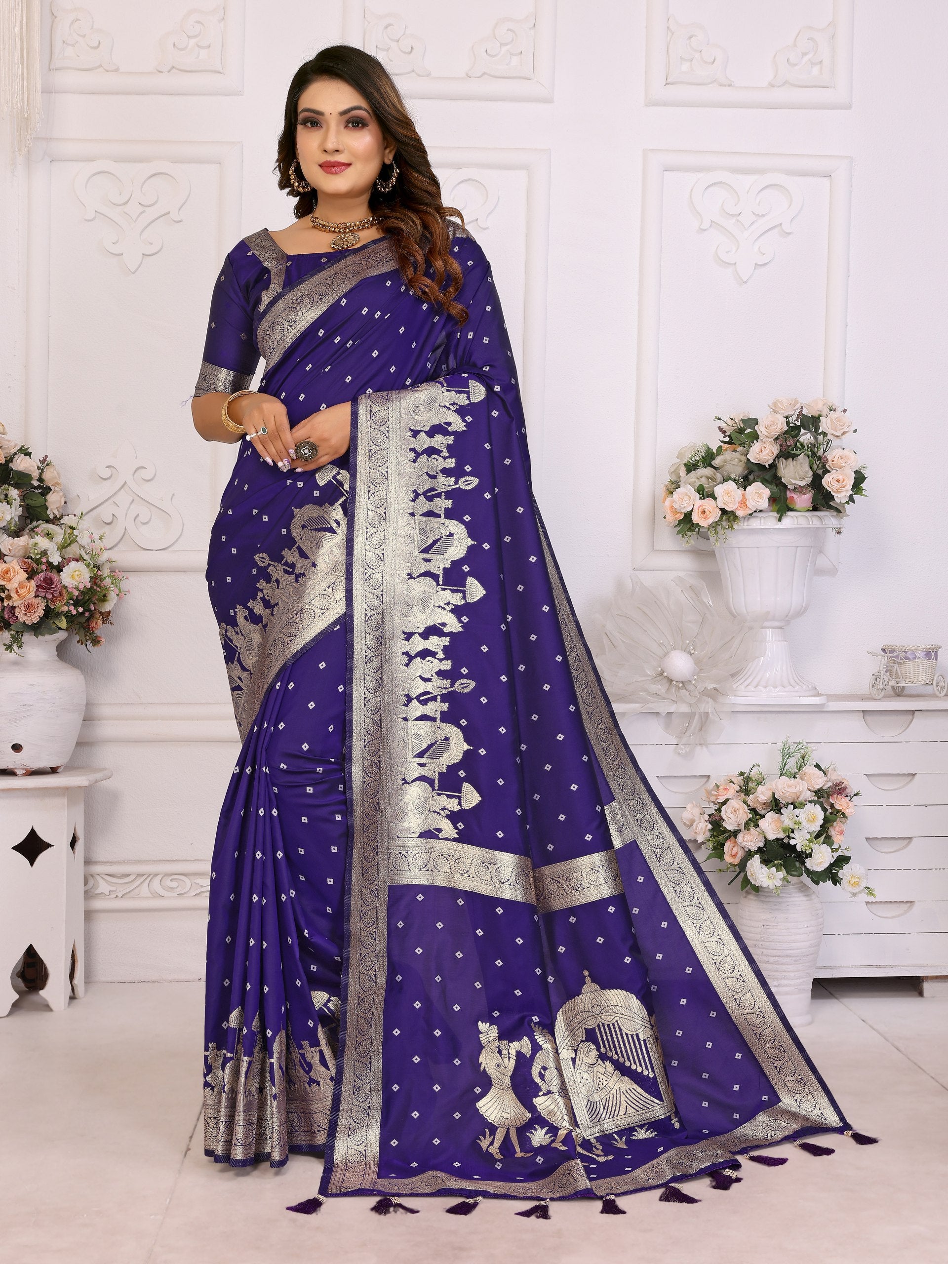 Pattern Wedding & Party Wear Kochi Silk Blue Color Saree