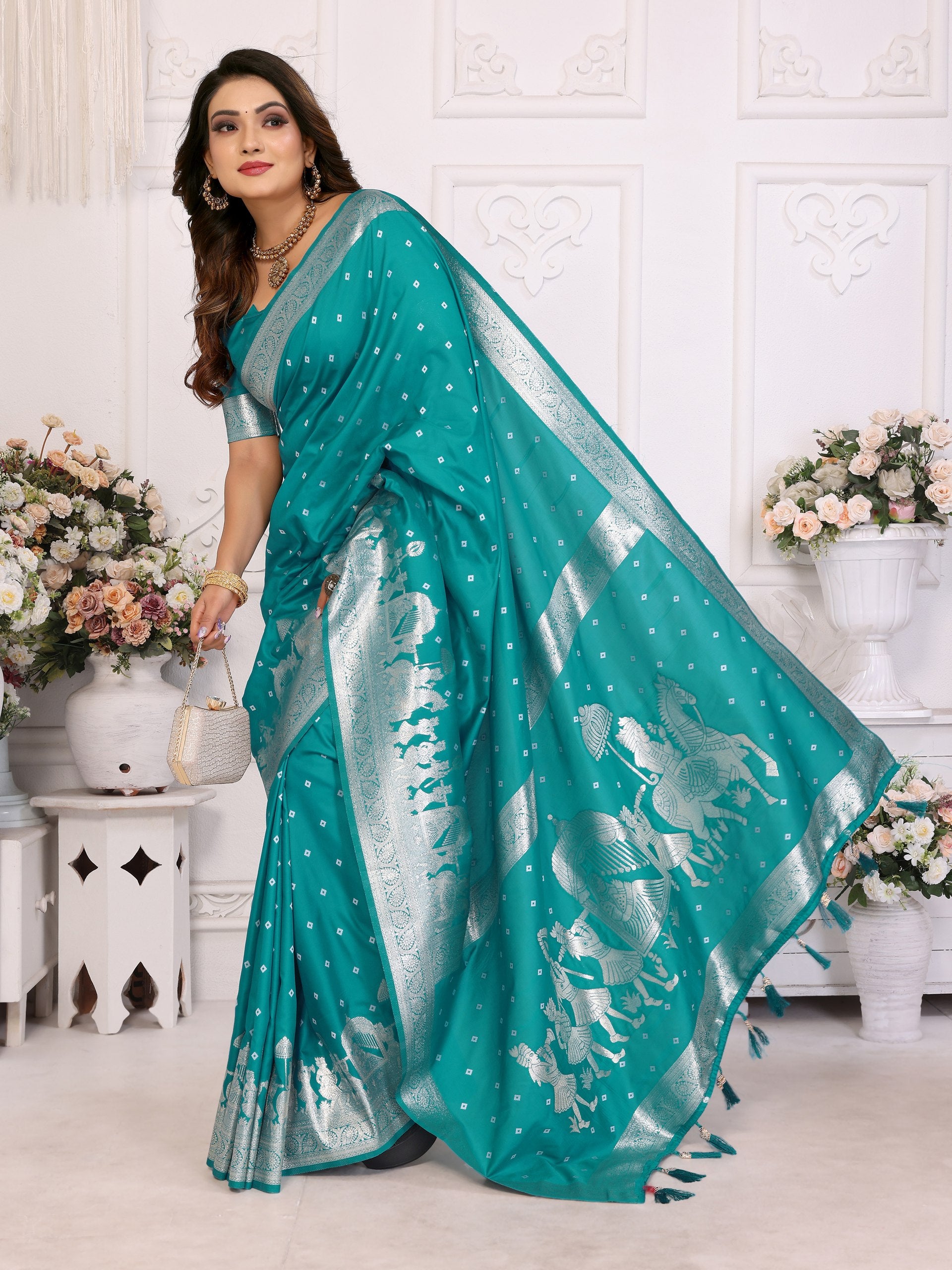 Pattern Wedding & Party Wear Kochi Teal Green Color Saree