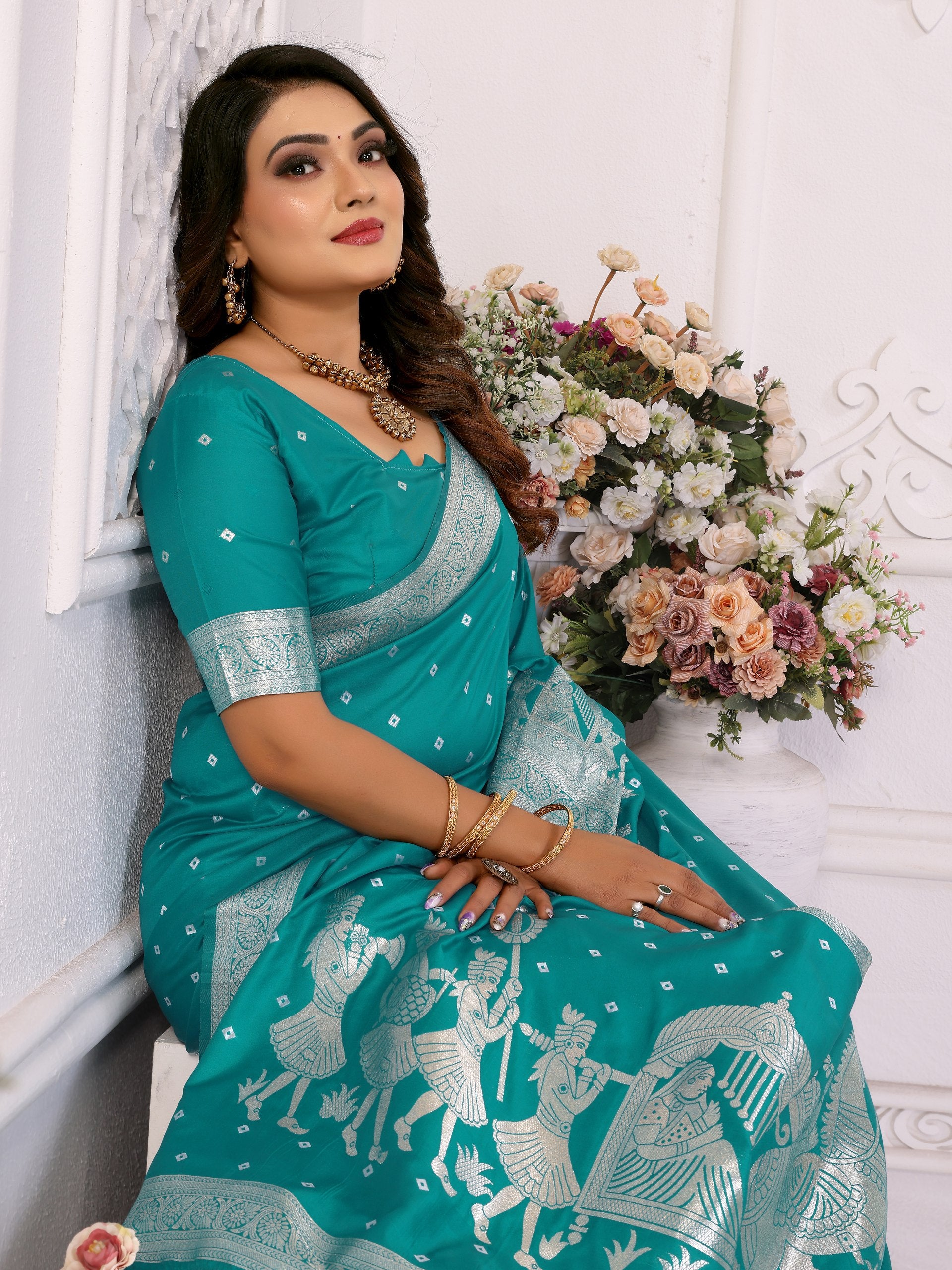 Pattern Wedding & Party Wear Kochi Teal Green Color Saree