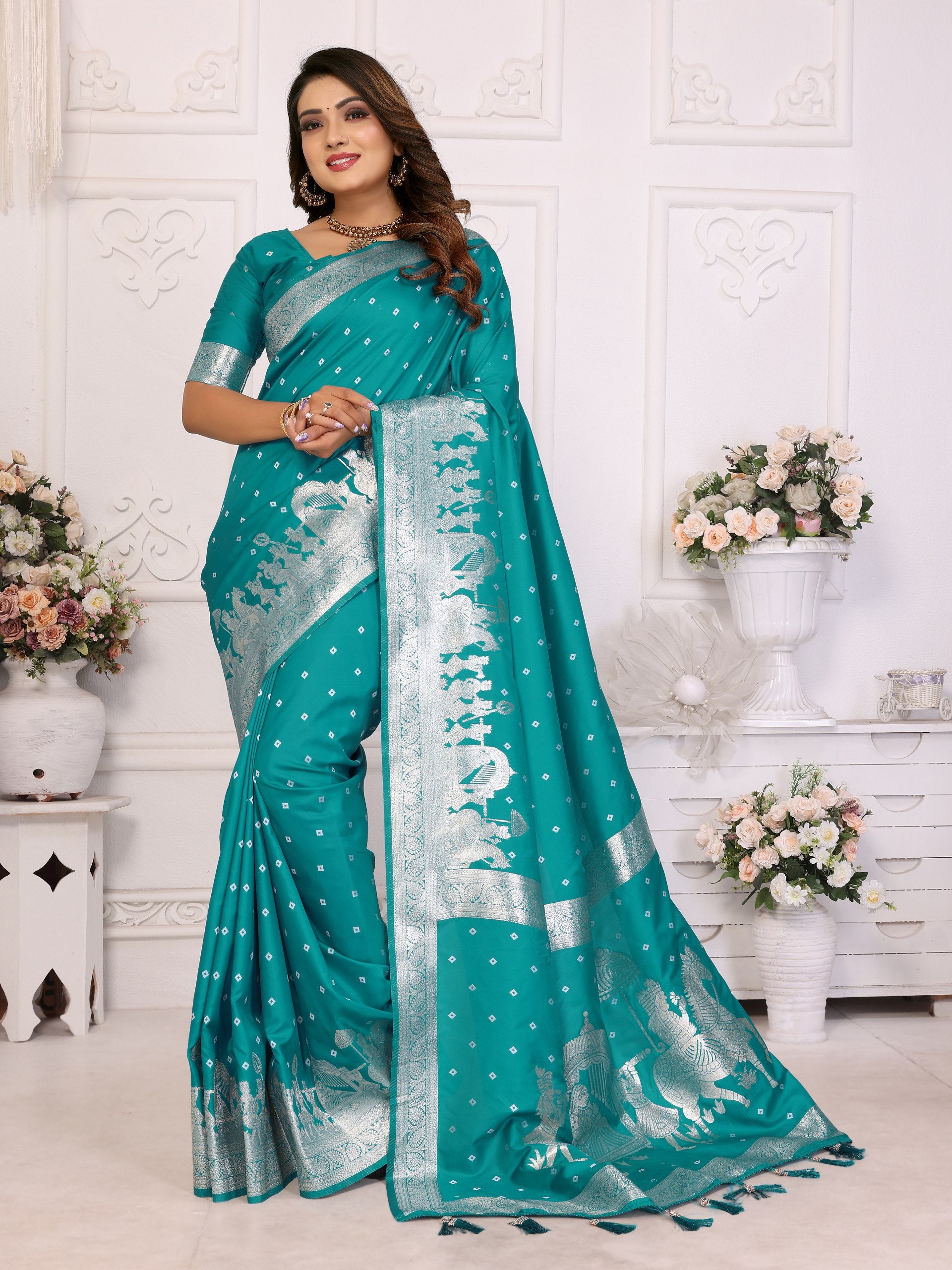 Pattern Wedding & Party Wear Kochi Teal Green Color Saree