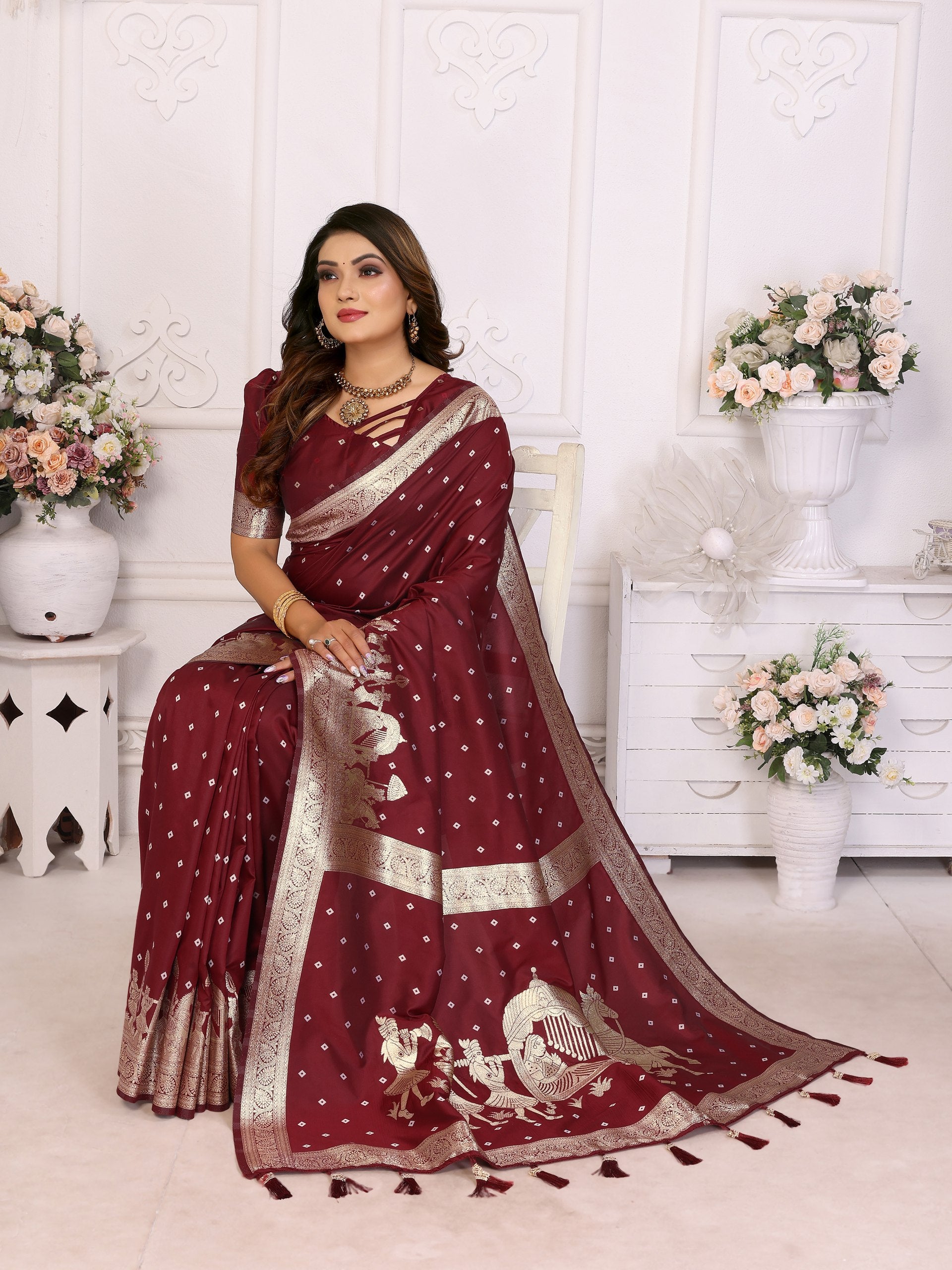 Pattern Wedding & Party Wear Kochi Maroon Color Saree