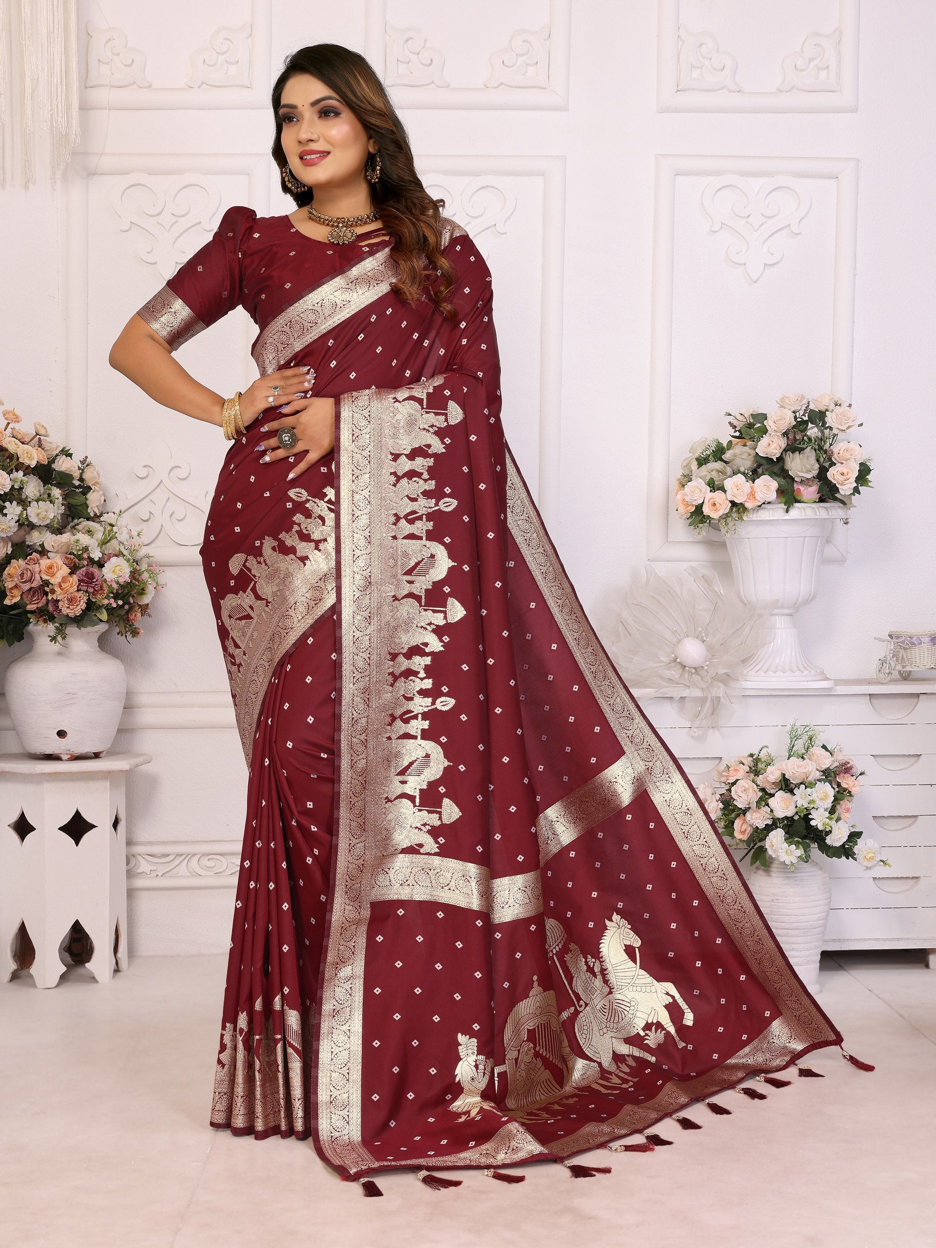 Pattern Wedding & Party Wear Kochi Maroon Color Saree