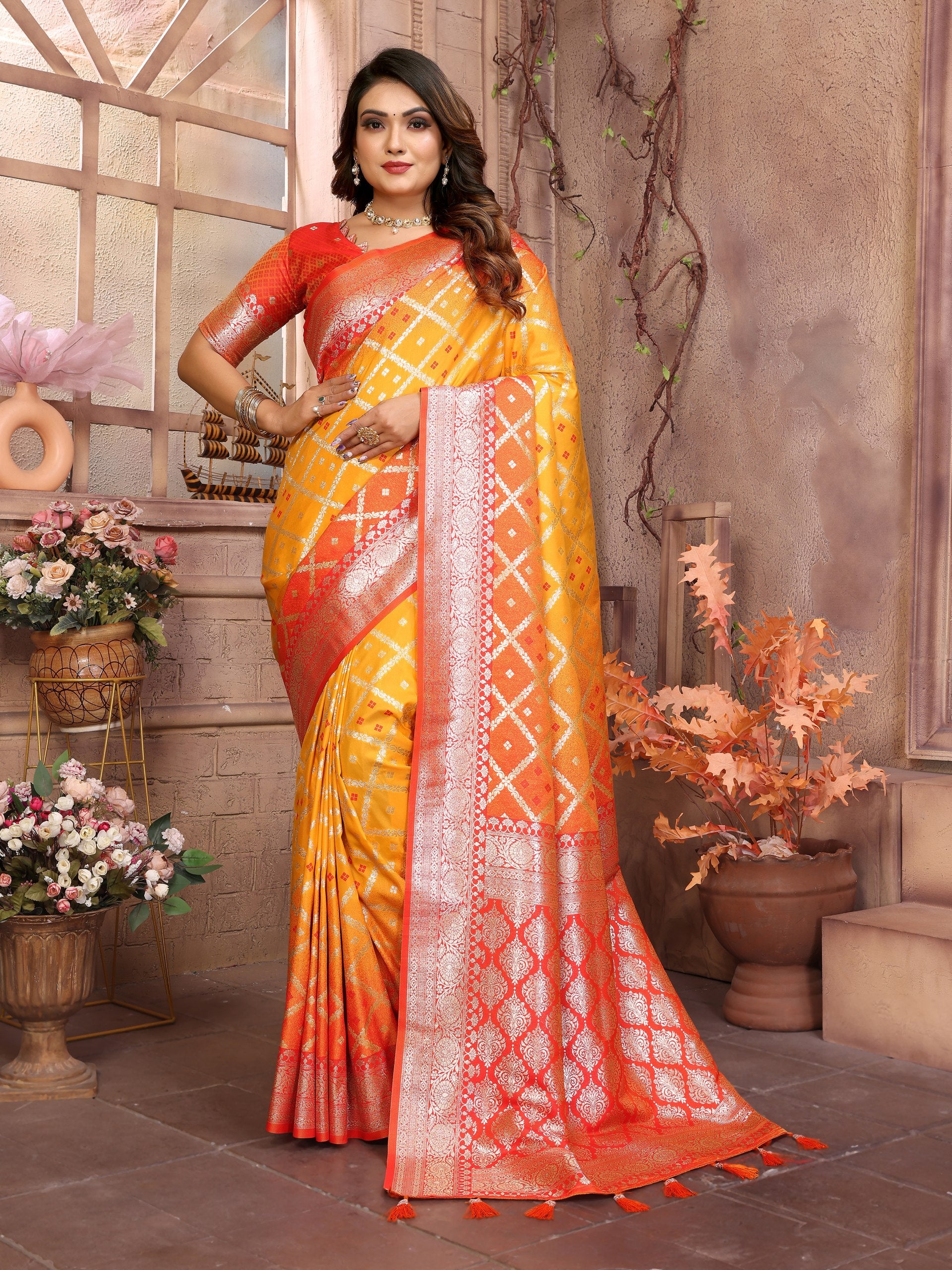 Party Wear Orange Color Kochi Silk Saree