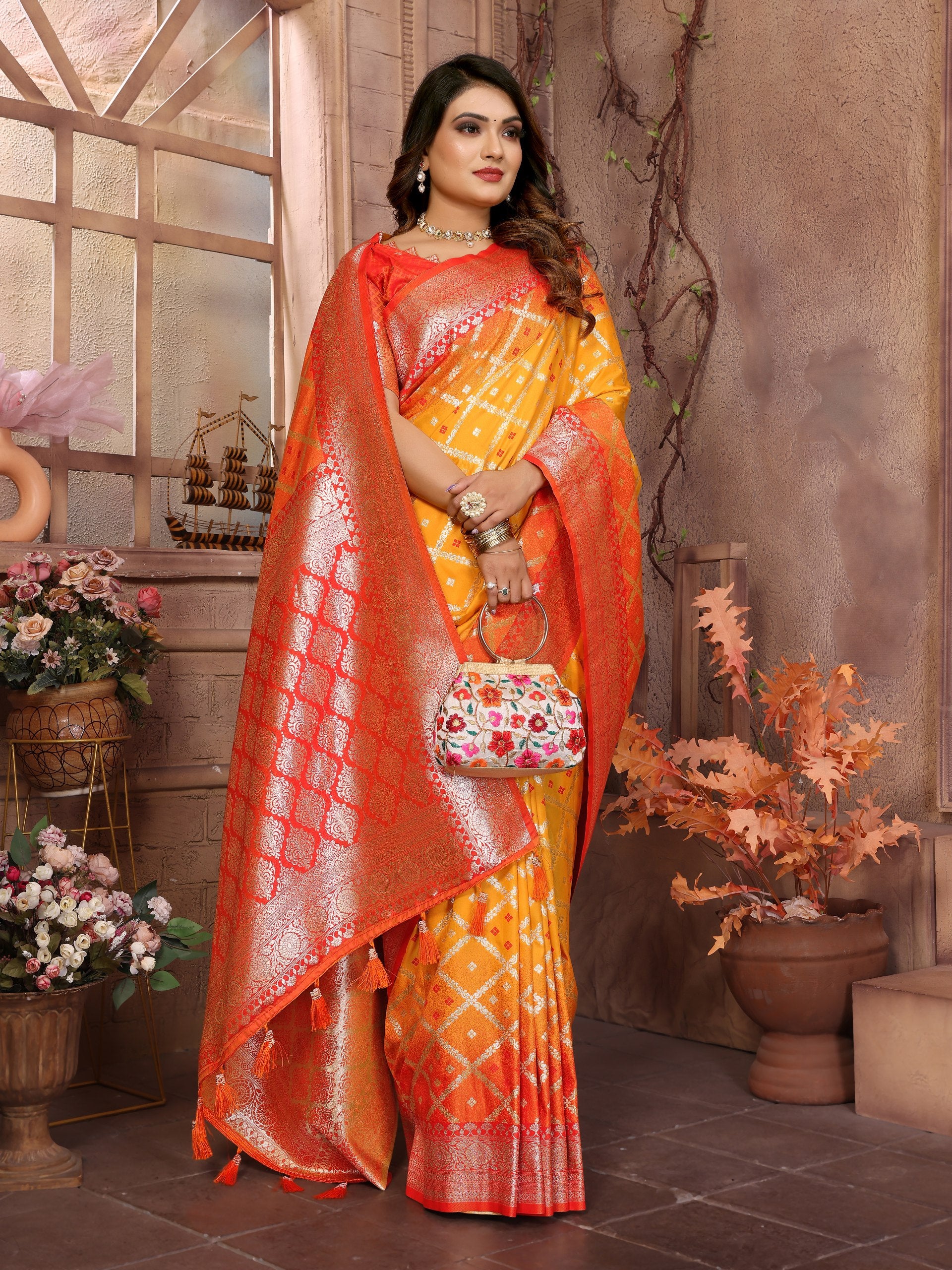 Party Wear Orange Color Kochi Silk Saree