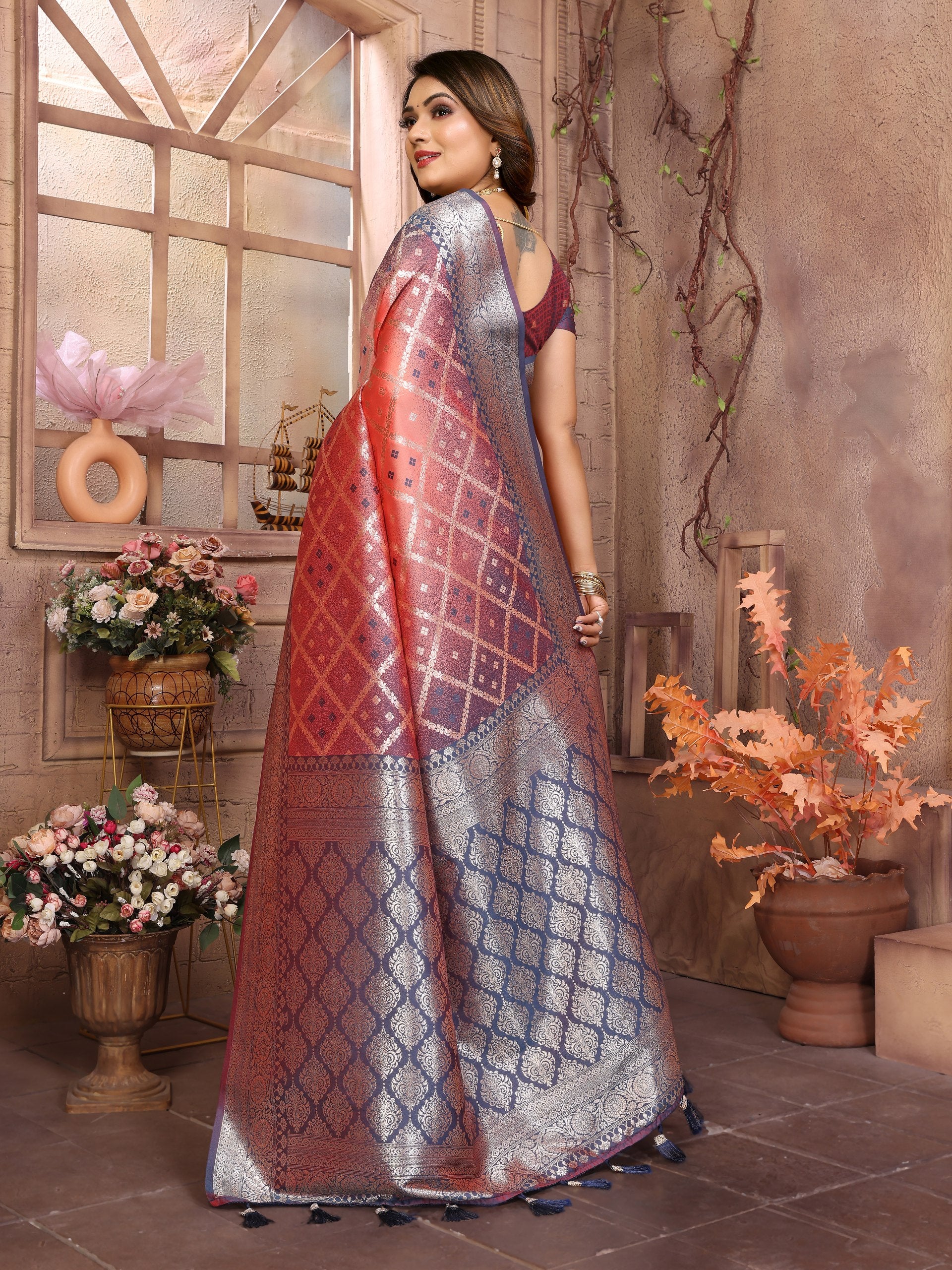 Party Wear Peach Color Kochi Silk Saree