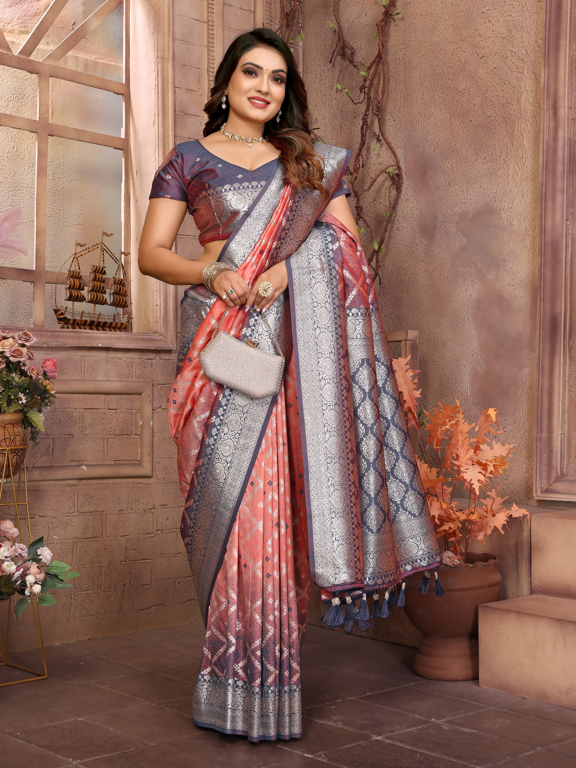 Party Wear Peach Color Kochi Silk Saree