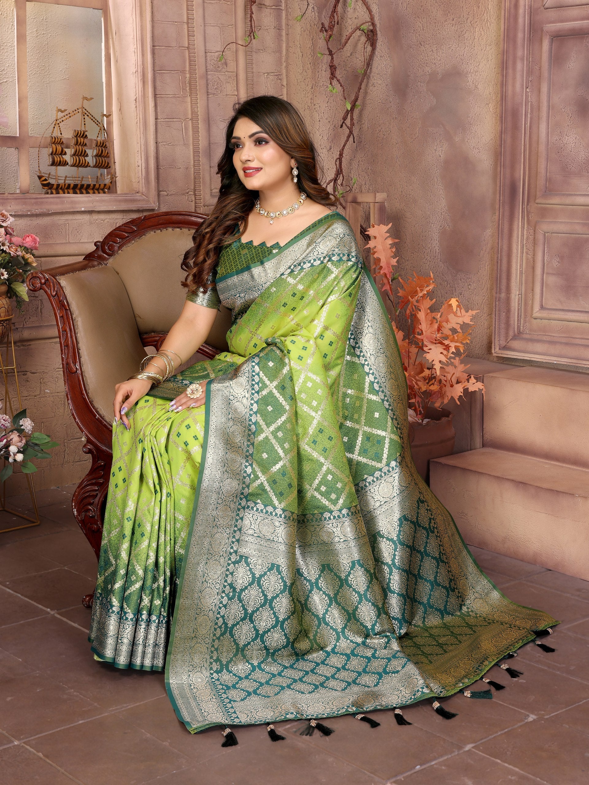 Party Wear Green Color Kochi Silk Saree