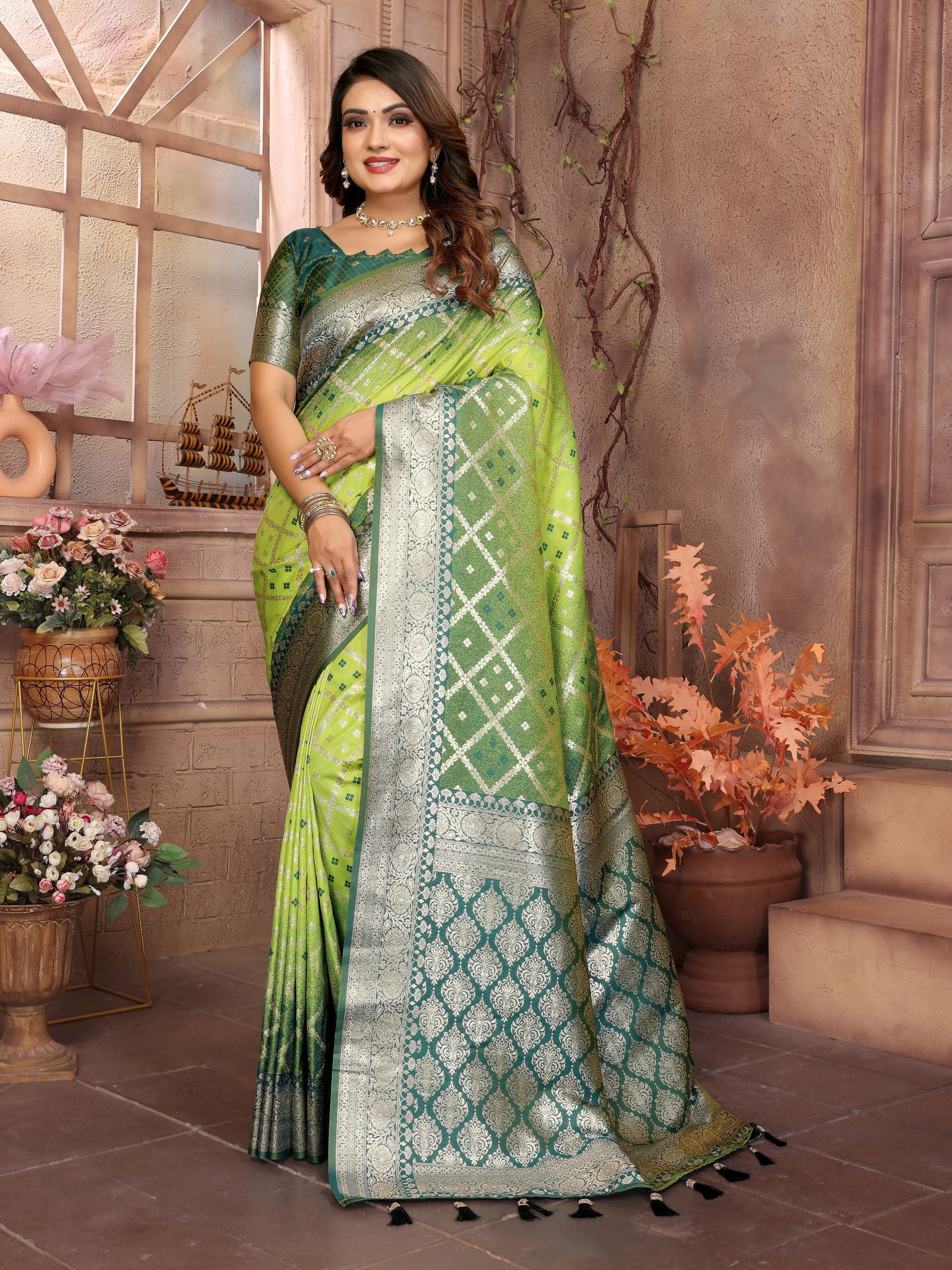 Party Wear Green Color Kochi Silk Saree