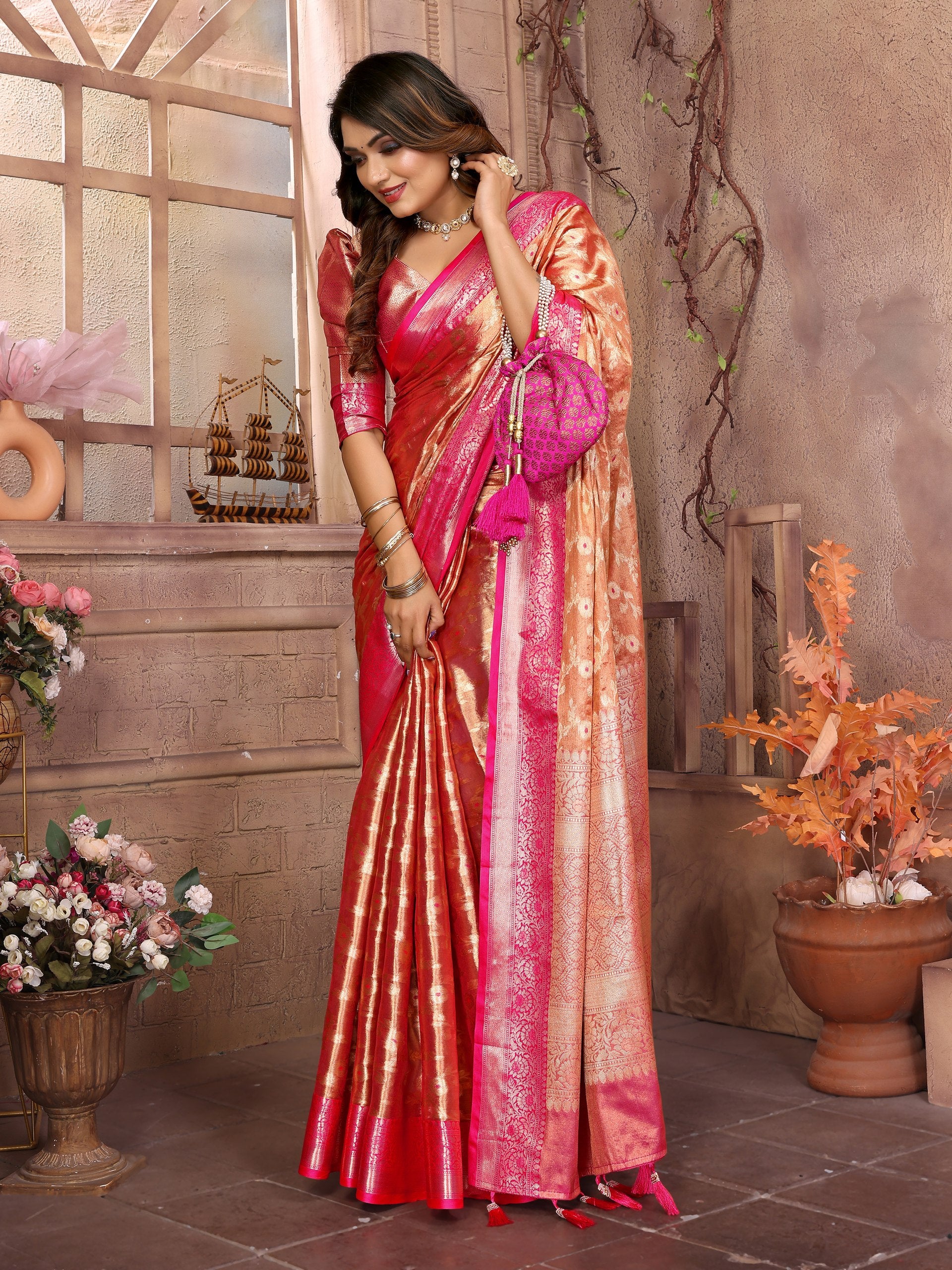 Awesome Tissue Silk Orange Color Saree