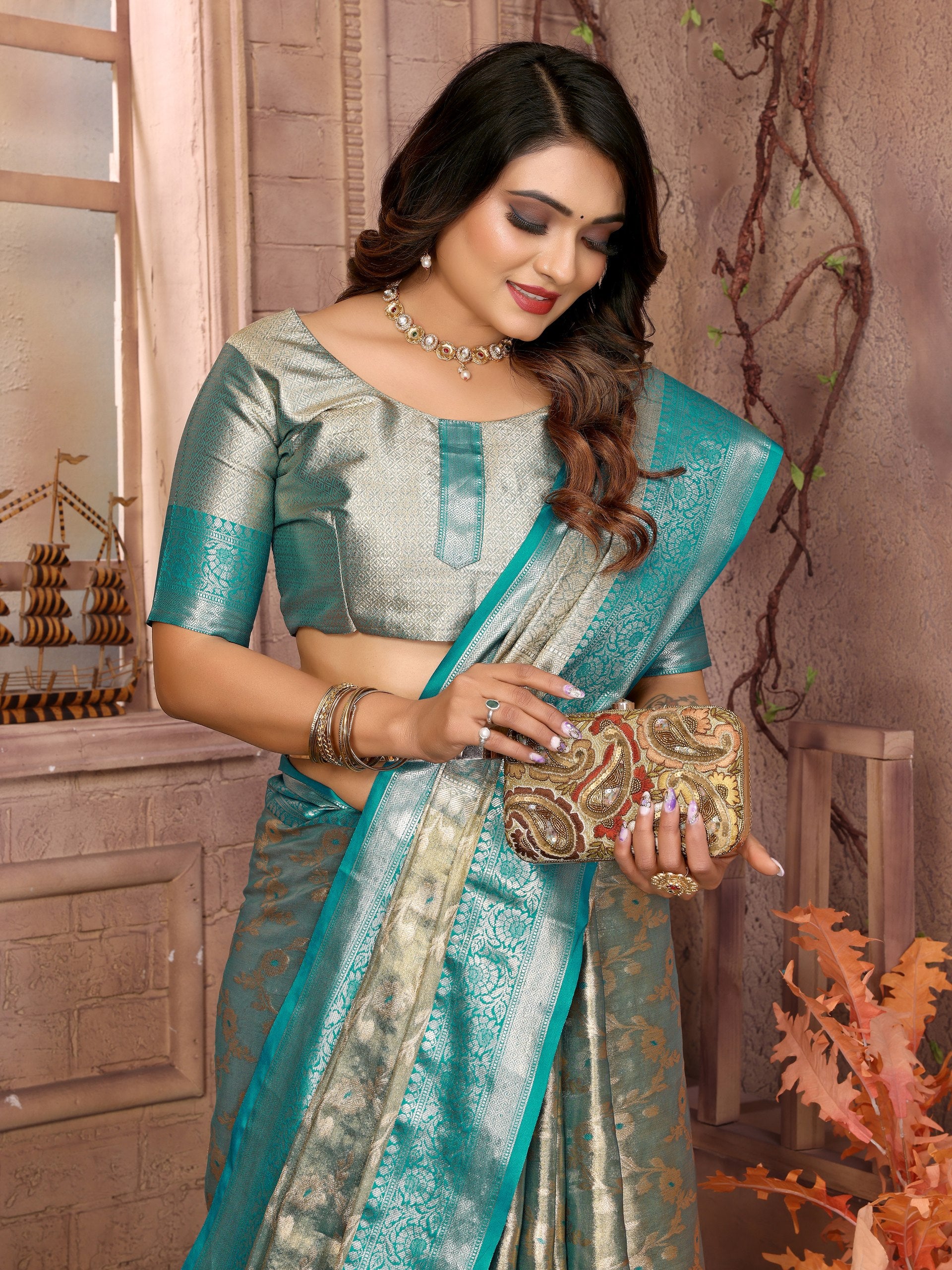 Awesome Tissue Silk Teal Blue Color Saree