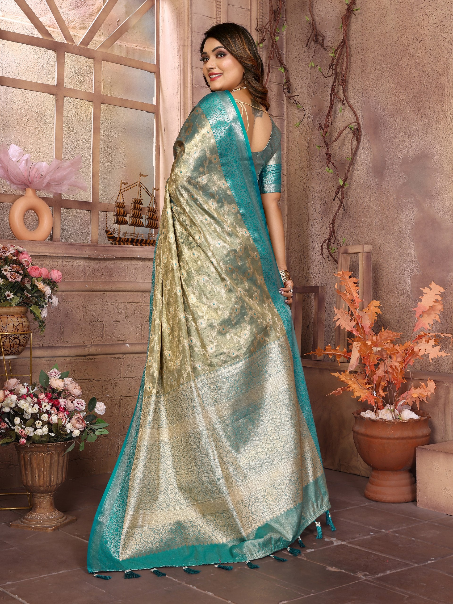 Awesome Tissue Silk Teal Blue Color Saree