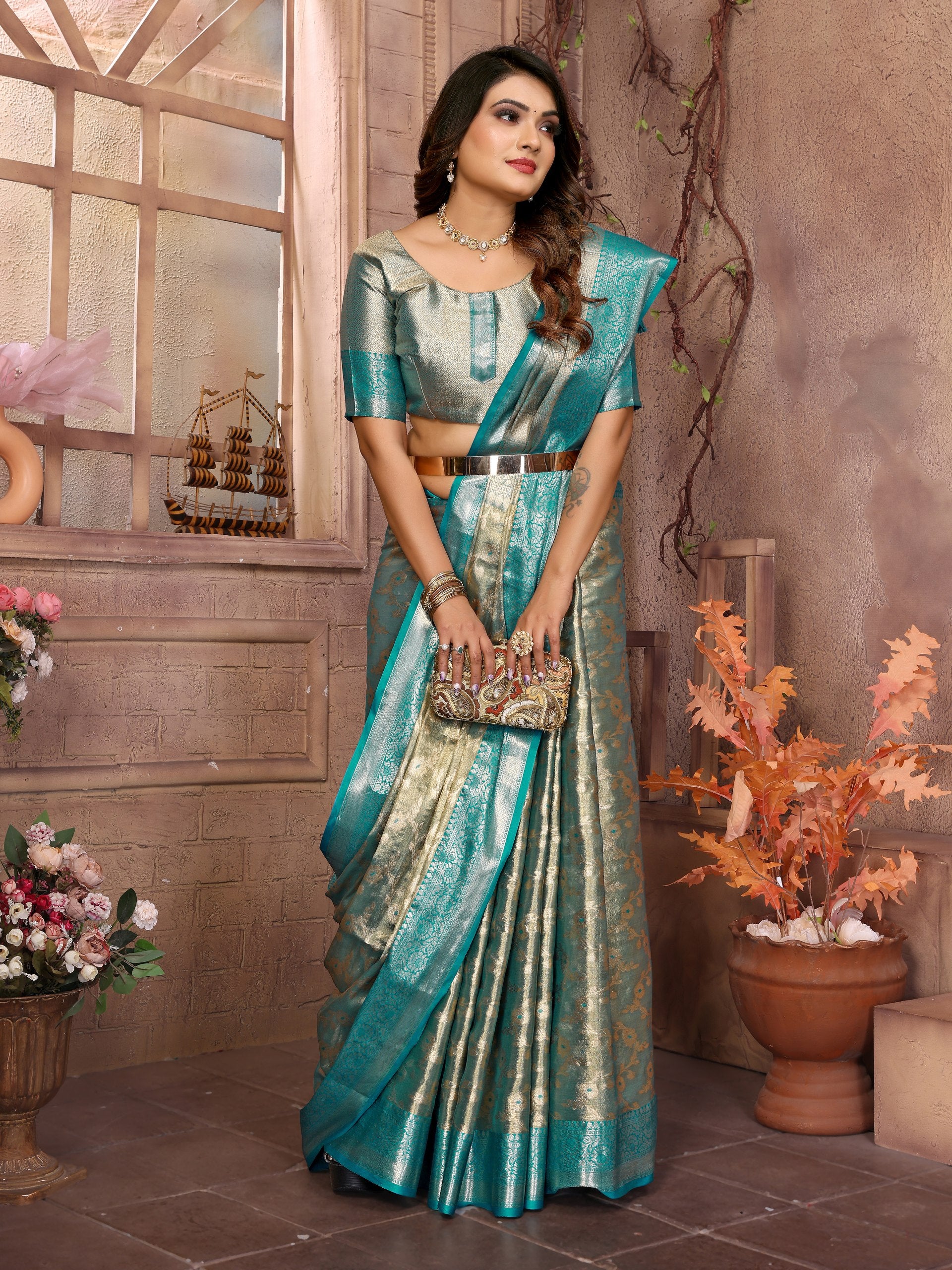 Awesome Tissue Silk Teal Blue Color Saree