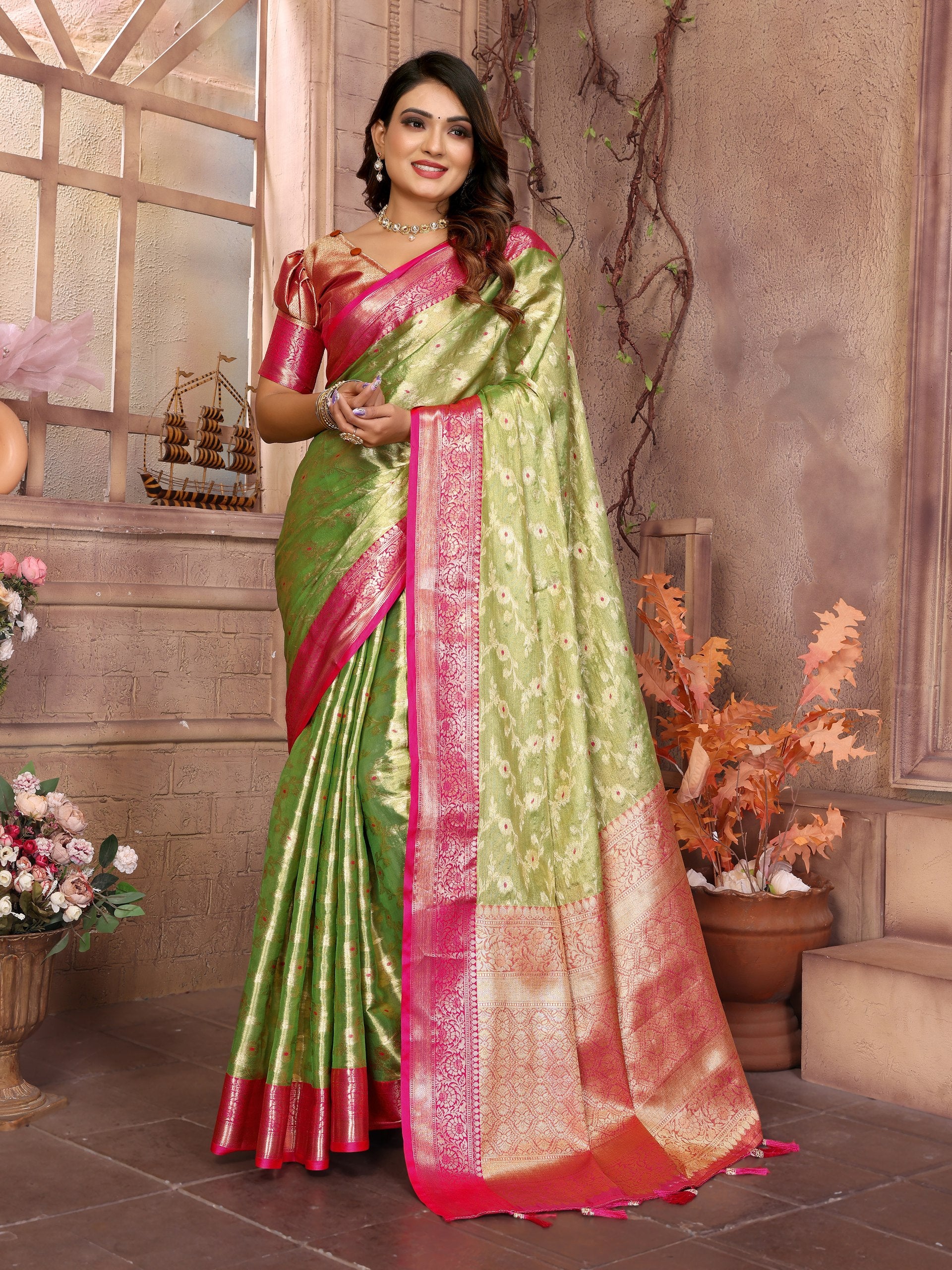 Awesome Tissue Silk Perrot Color Saree