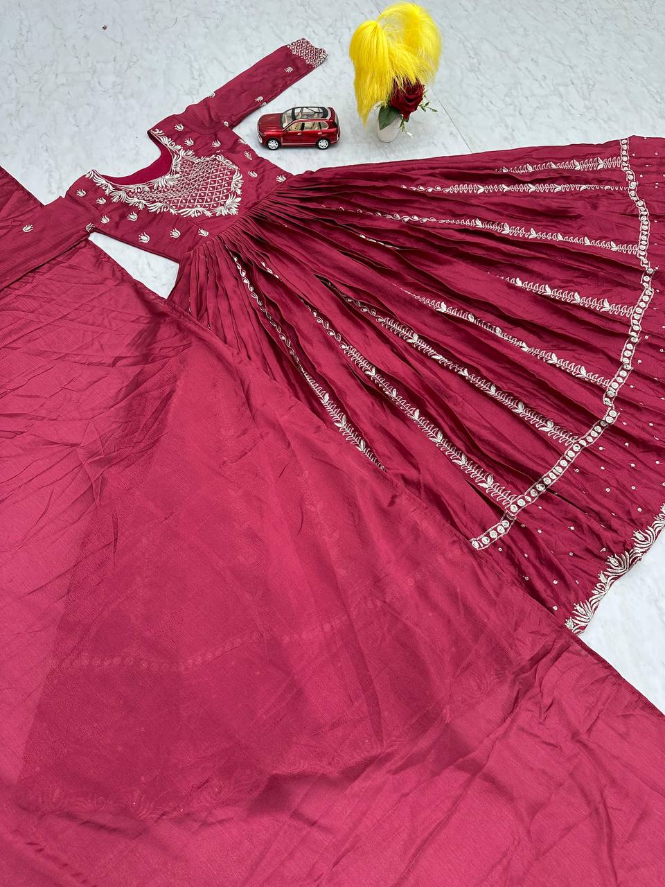 Look Designer Thread & Sequence Work Pink Color Gown With Dupatta