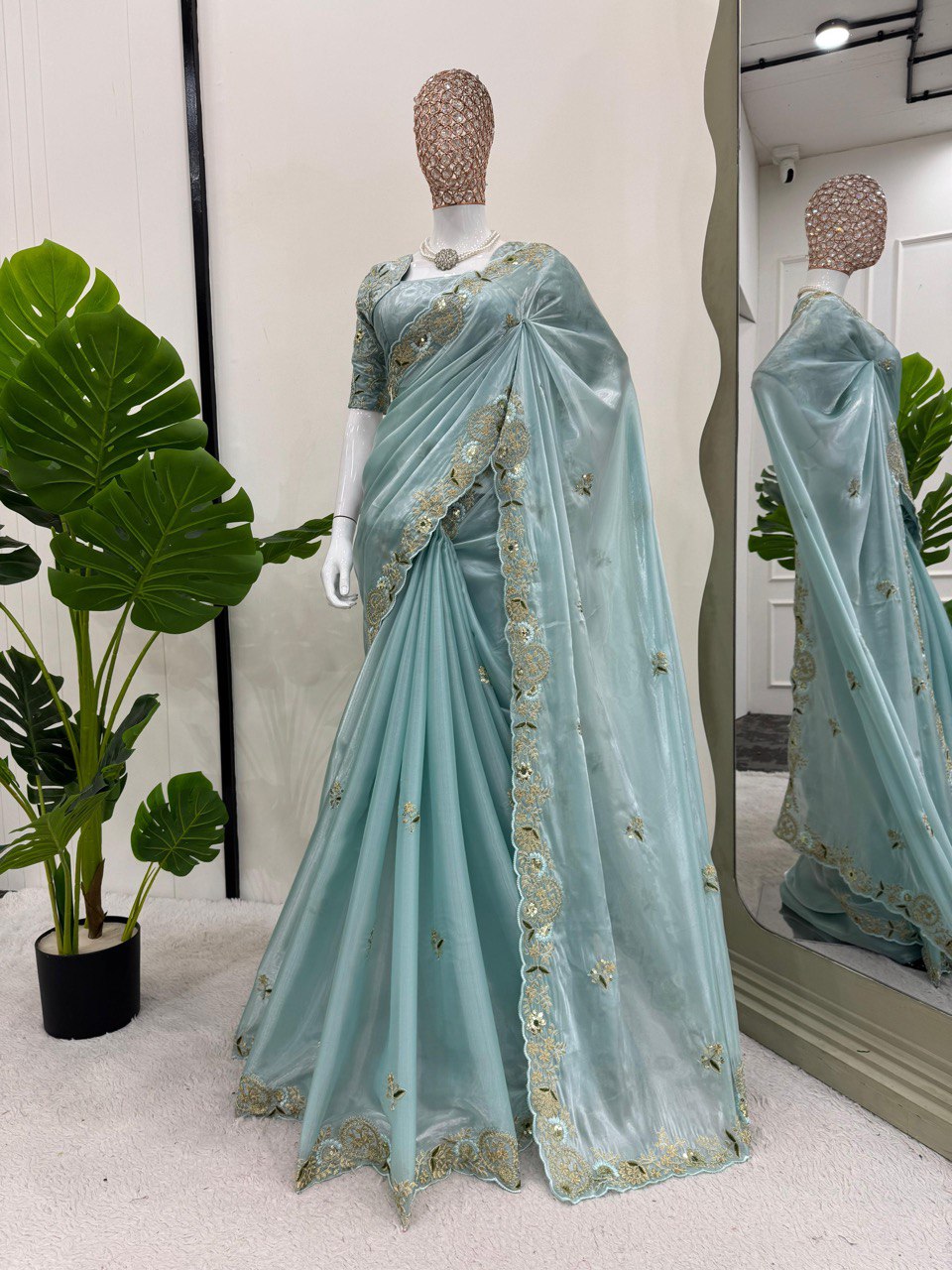 Party Wear Sequence Work Sky Blue Color Designer Saree