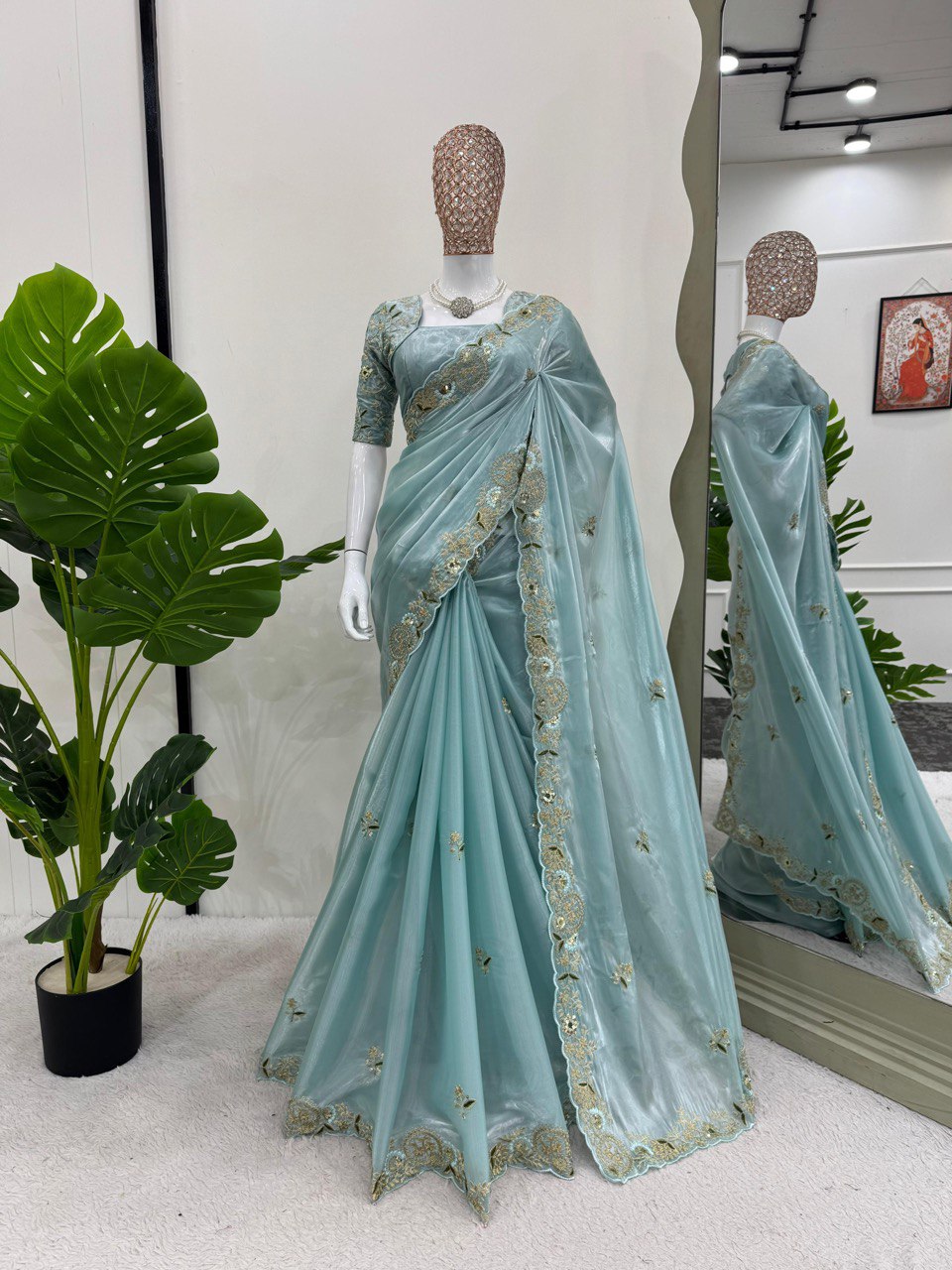 Party Wear Sequence Work Sky Blue Color Designer Saree