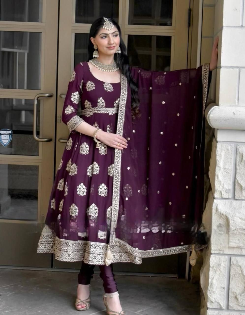 Stunning Embroidery Thread Work Wine Color Gown With Dupatta