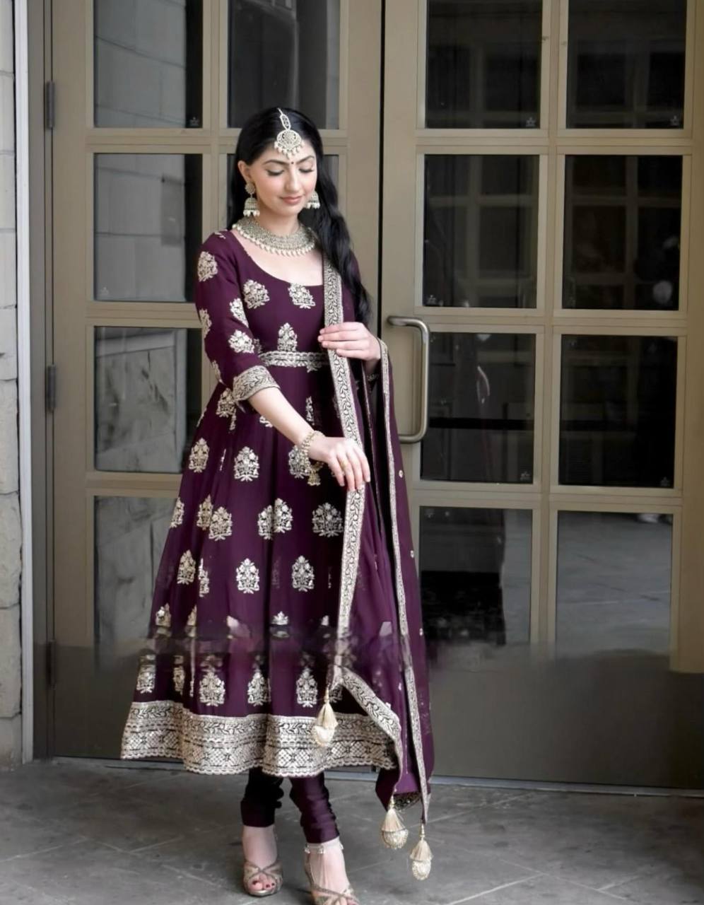 Stunning Embroidery Thread Work Wine Color Gown With Dupatta