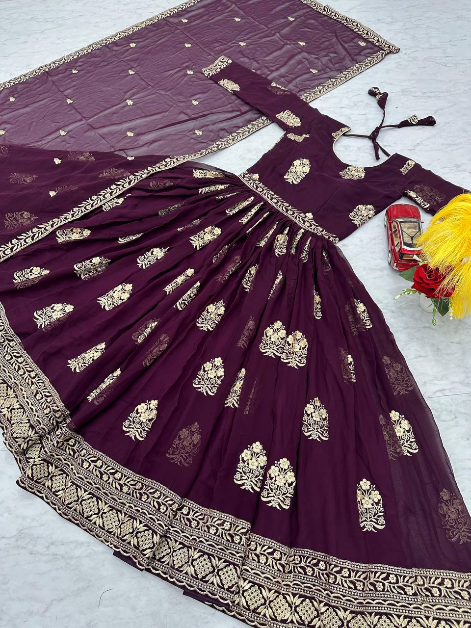 Stunning Embroidery Thread Work Wine Color Gown With Dupatta