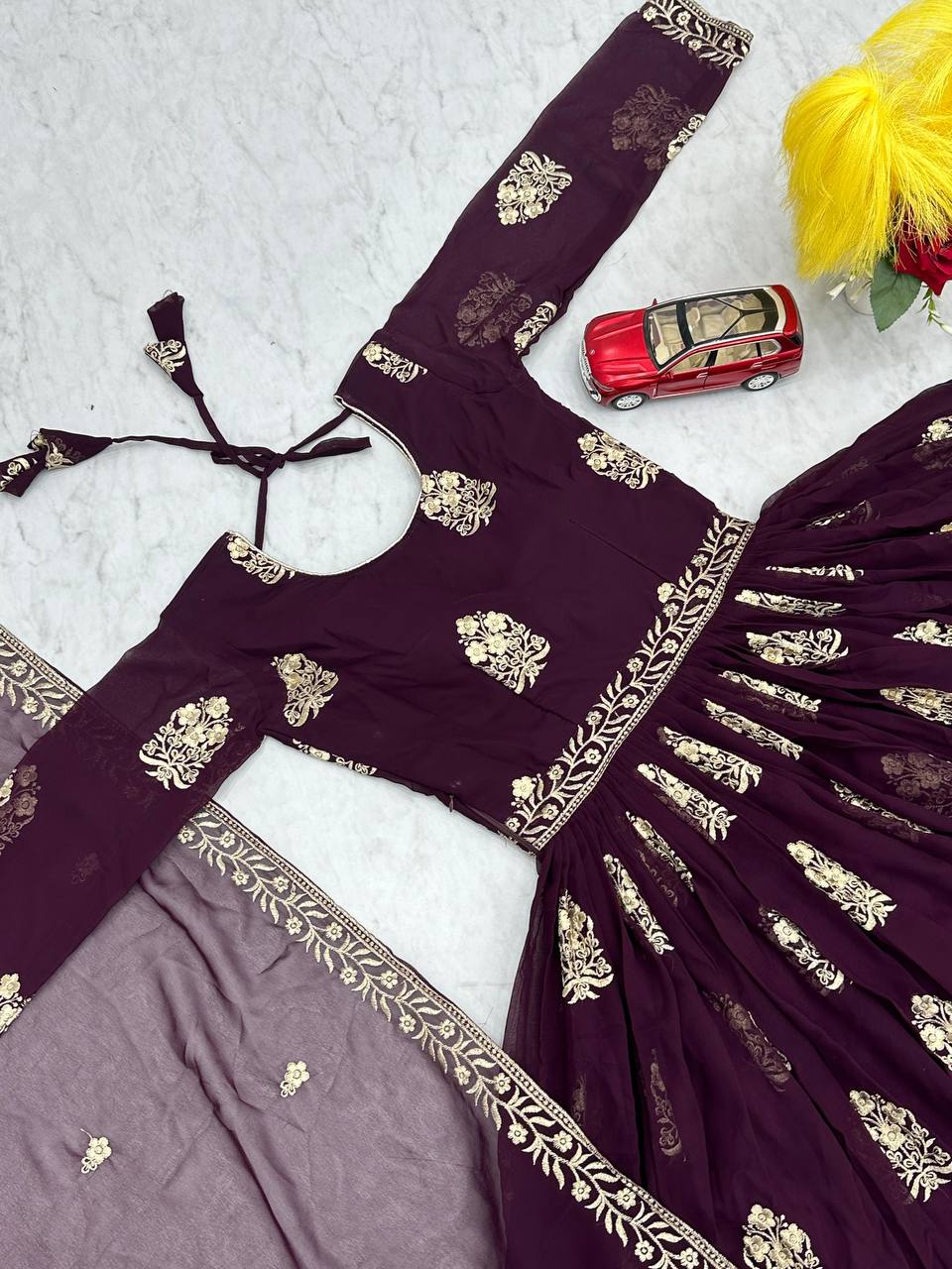 Stunning Embroidery Thread Work Wine Color Gown With Dupatta