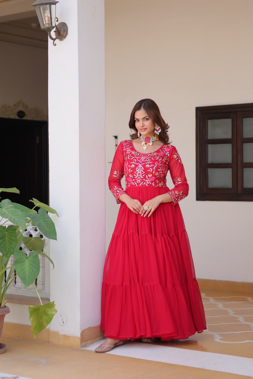 Preferable Sequence Thread Work Red Color Long Gown