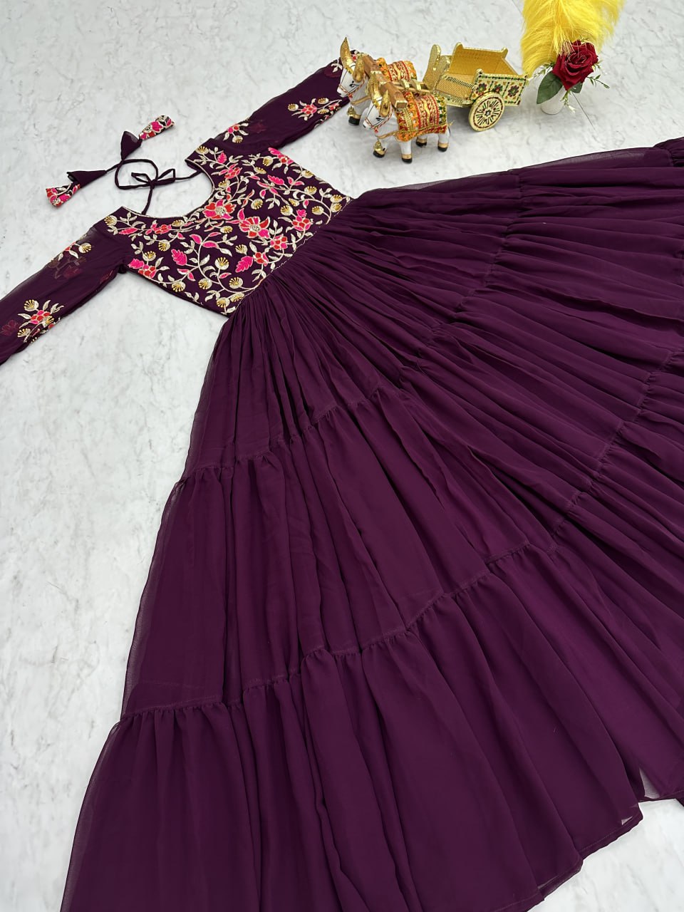 Preferable Sequence Thread Work Wine Color Long Gown