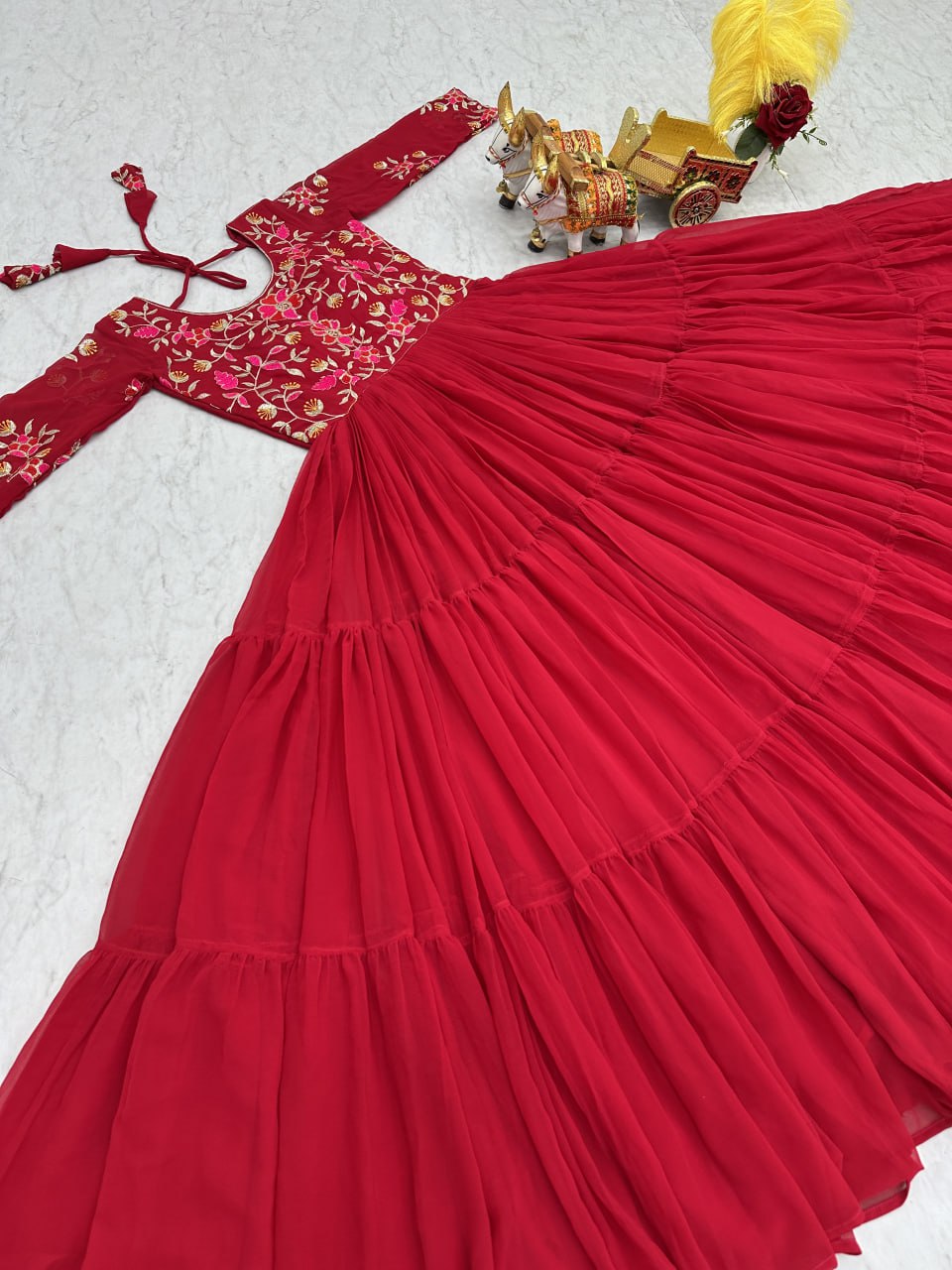 Preferable Sequence Thread Work Red Color Long Gown