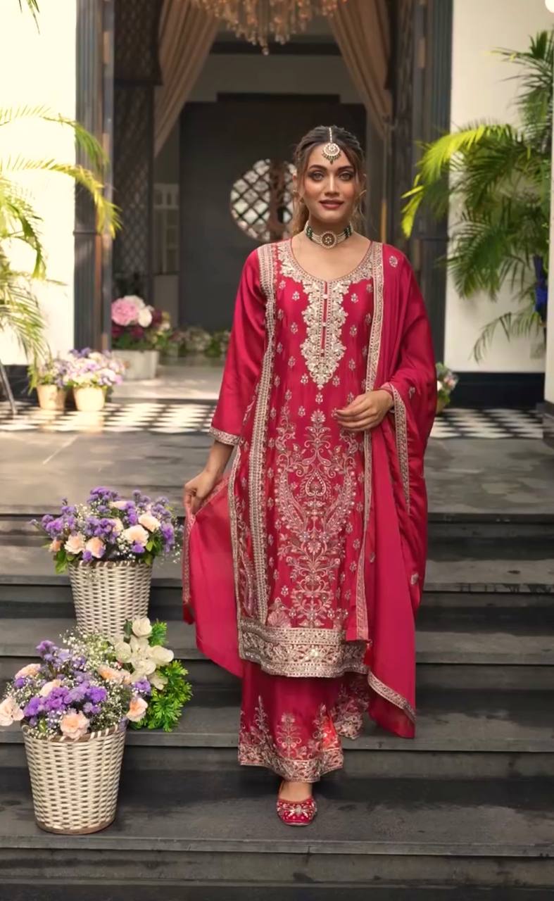 Pattern Wedding & Party Wear Sequence Work Red Color Sharara Suit