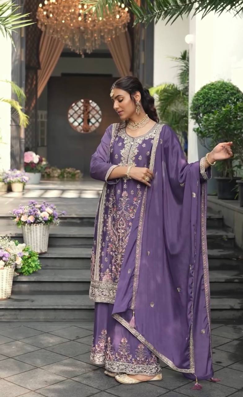 Pattern Wedding & Party Wear Sequence Work Purple Color Sharara Suit