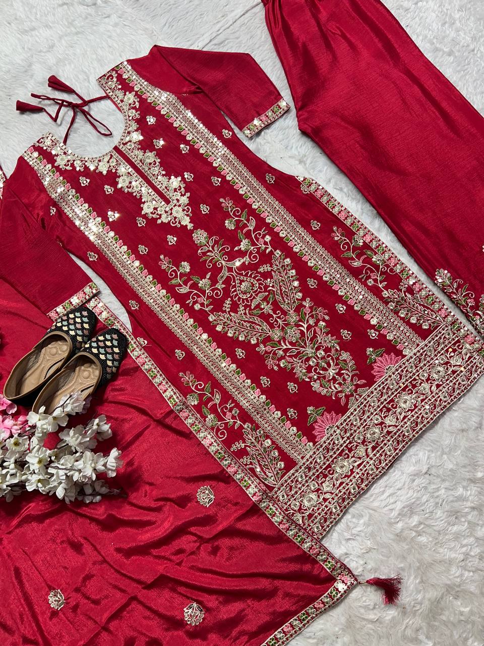 Pattern Wedding & Party Wear Sequence Work Red Color Sharara Suit