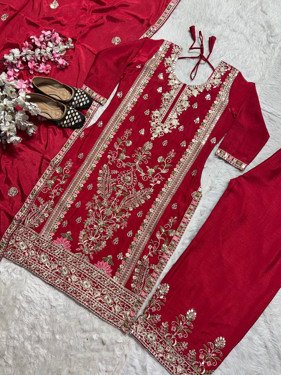 Pattern Wedding & Party Wear Sequence Work Red Color Sharara Suit